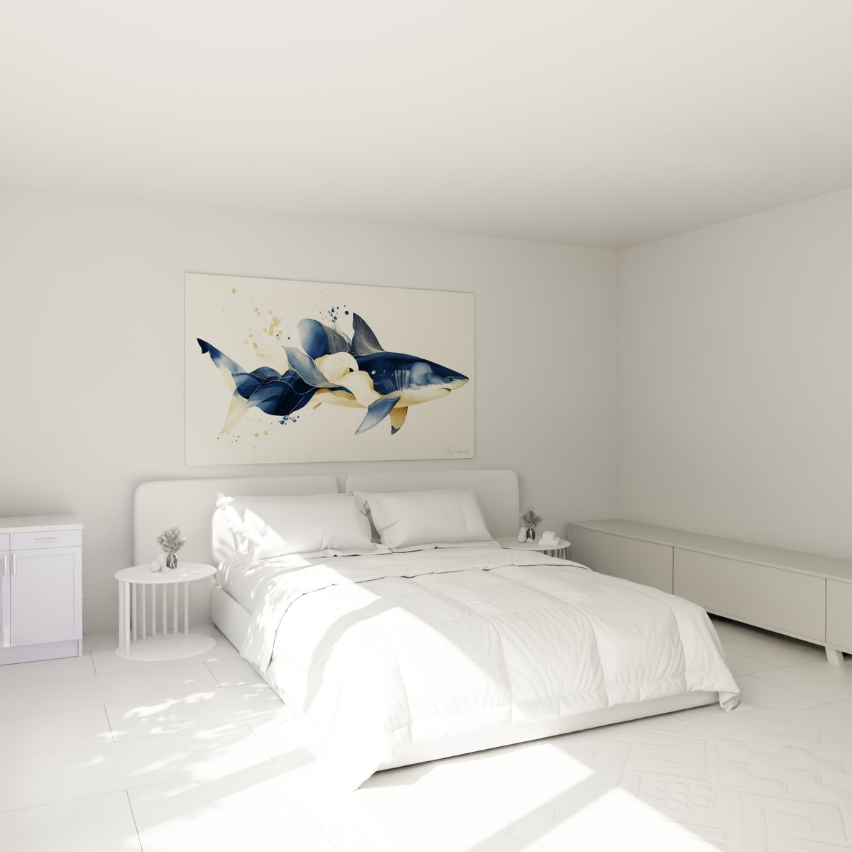 Silhouette de requin bleu marine et crème accrochée au-dessus d'un lit dans une chambre claire