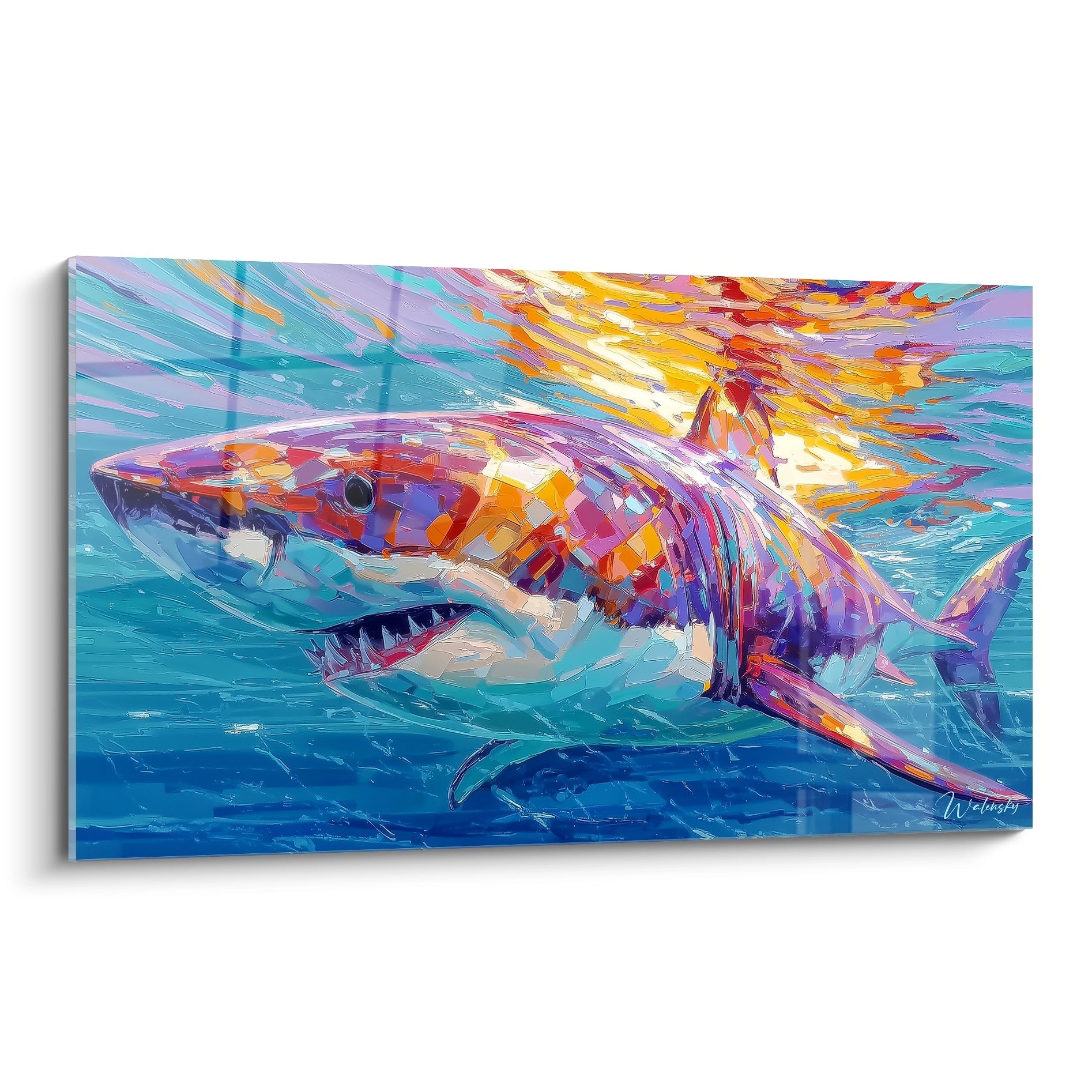 Tableau requin coloré style artistique moderne avec explosion de couleurs vives mégalodon