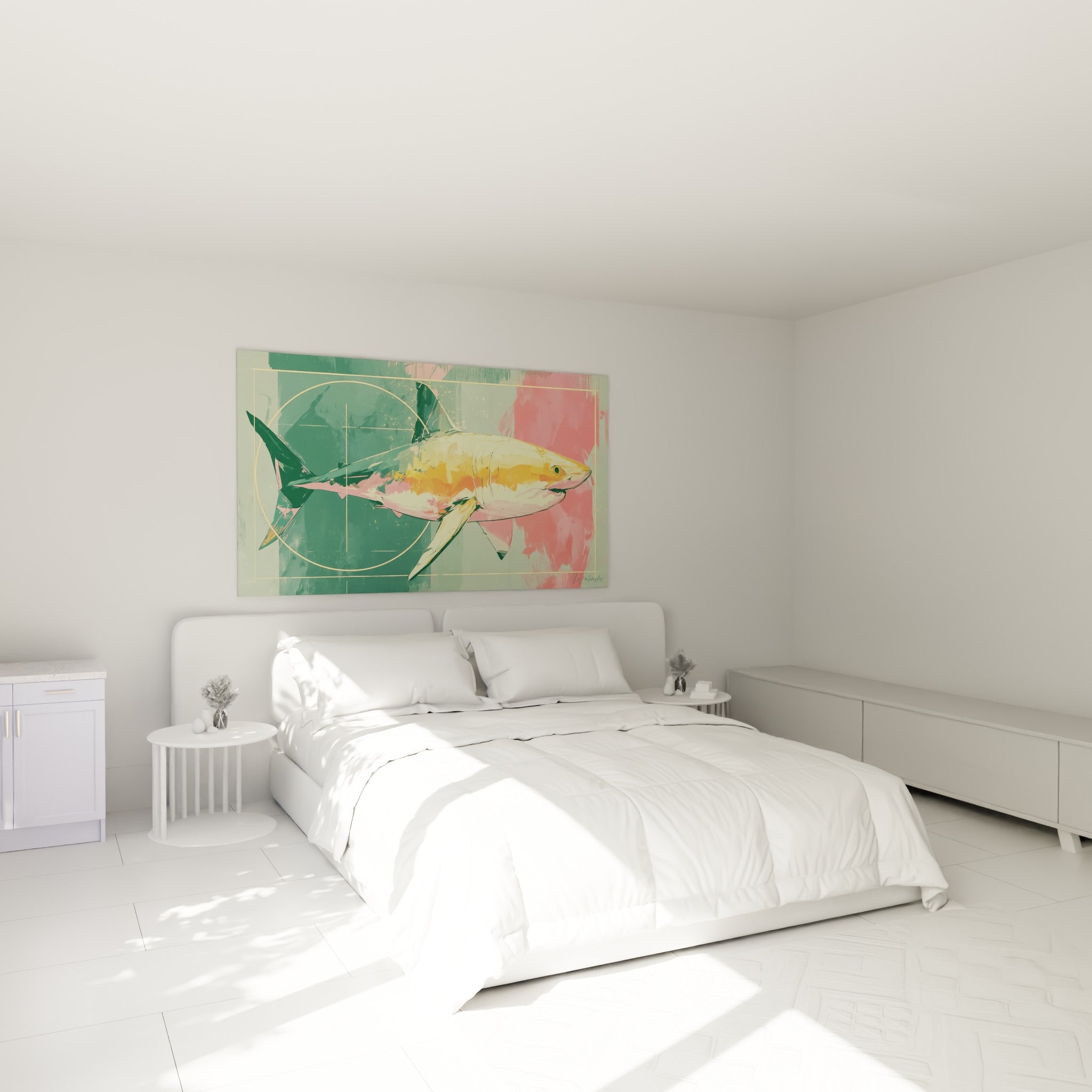 Requin corail et vert sauge peint en aquarelle, accroché au-dessus d'un lit dans une chambre claire