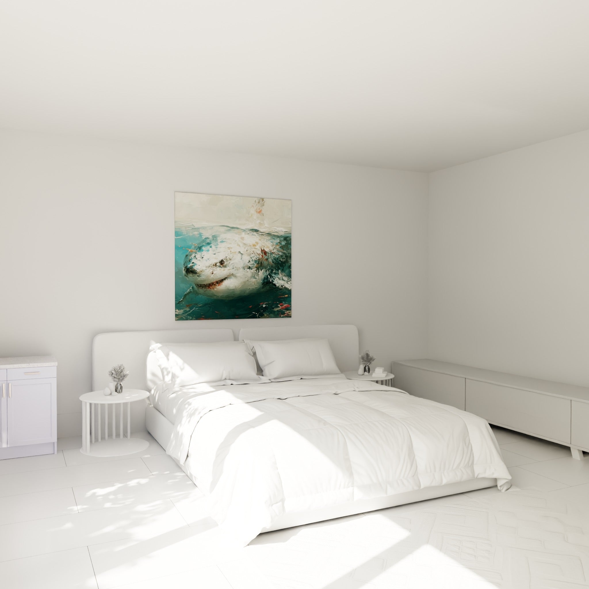 Requin blanc et bleu turquoise peint au couteau, accroché au-dessus d'un lit dans une chambre claire