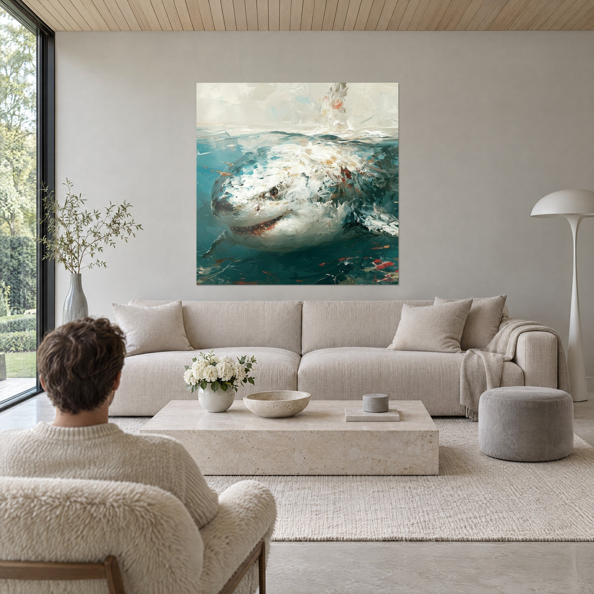 Gemälde Weißer Hai, der aus türkisfarbenem Wasser emporschnellt, elfenbeinfarbene Spachtelstriche, zwei Personen von hinten, über einem Sofa in einem hellen Wohnzimmer