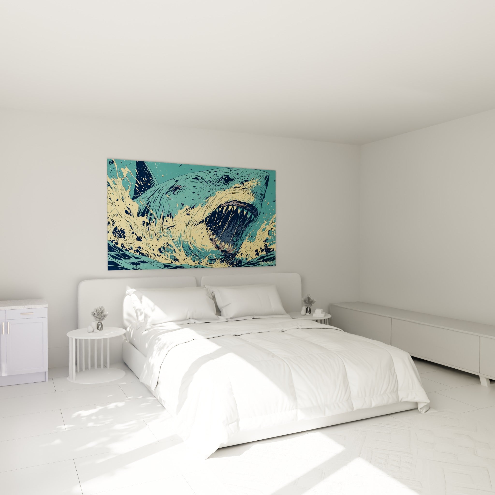 Prédateur marin turquoise et crème jaillissant des vagues, au-dessus d'un lit dans une chambre claire