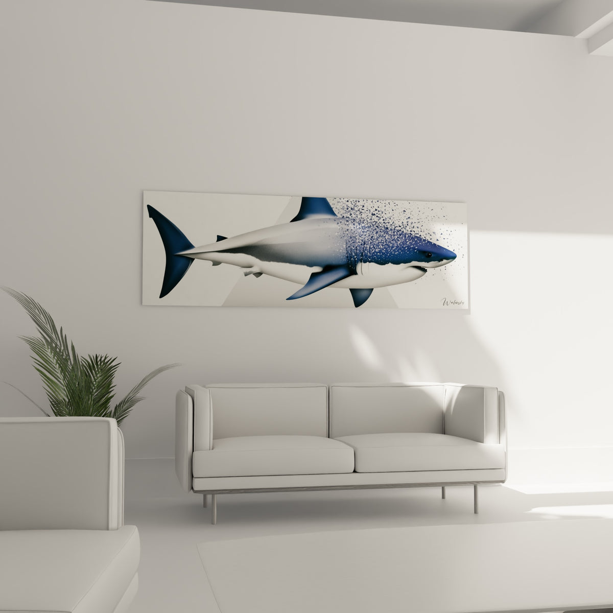 Requin blanc et bleu marine à l'effet fragmenté, au-dessus d'un canapé dans un salon lumineux