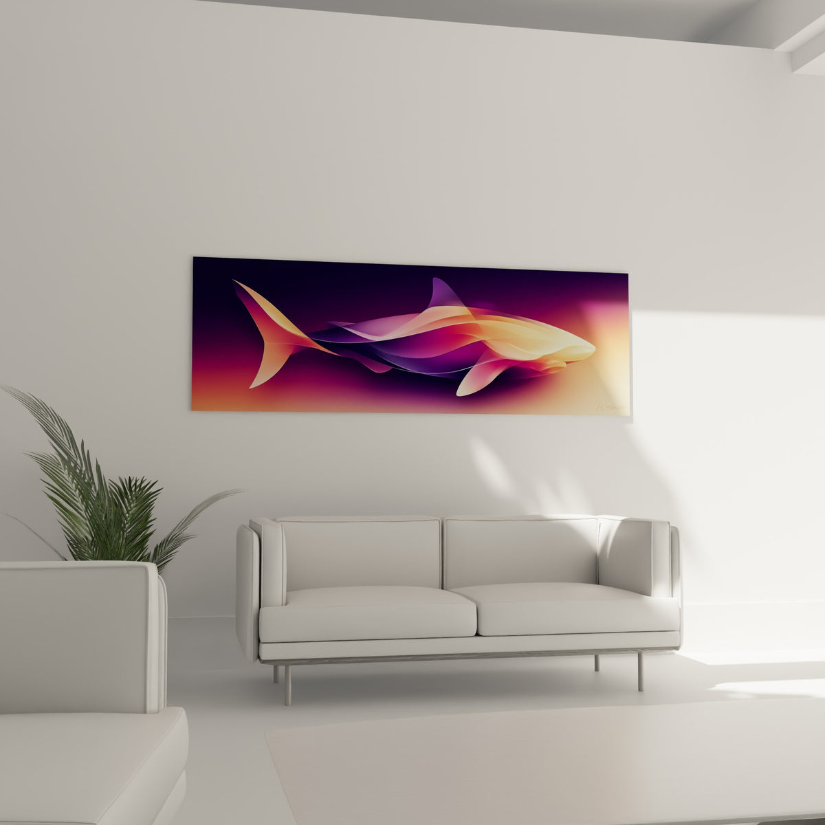 Requin graphique en dégradés orangés et violets, suspendu au-dessus d'un canapé dans un salon lumineux