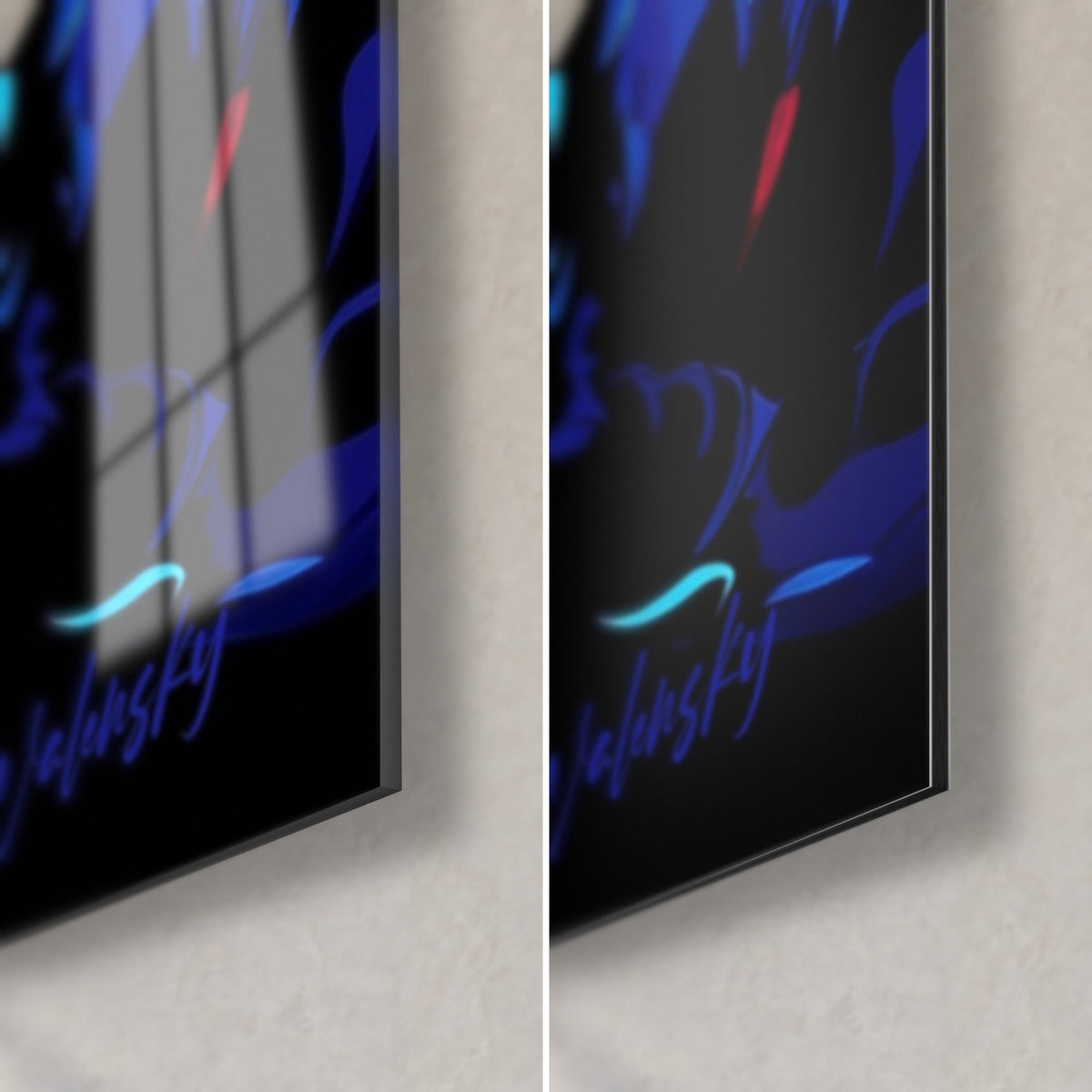 Schilderij grote blauwe haai, rechtsonder in de hoek: glanzend acrylglas links, mat Dibond-aluminium rechts, 3 mm rand en blauwe handtekening