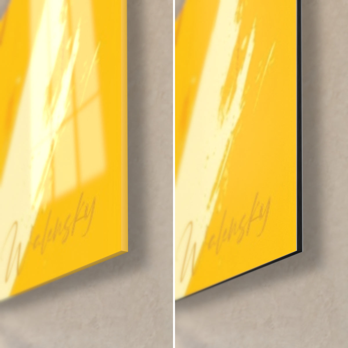 Gemälde Hai mit weißen Zähnen, untere rechte Ecke: leuchtend gelbes Acrylglas, mattes schwarzes Dibond, 3 mm Kante