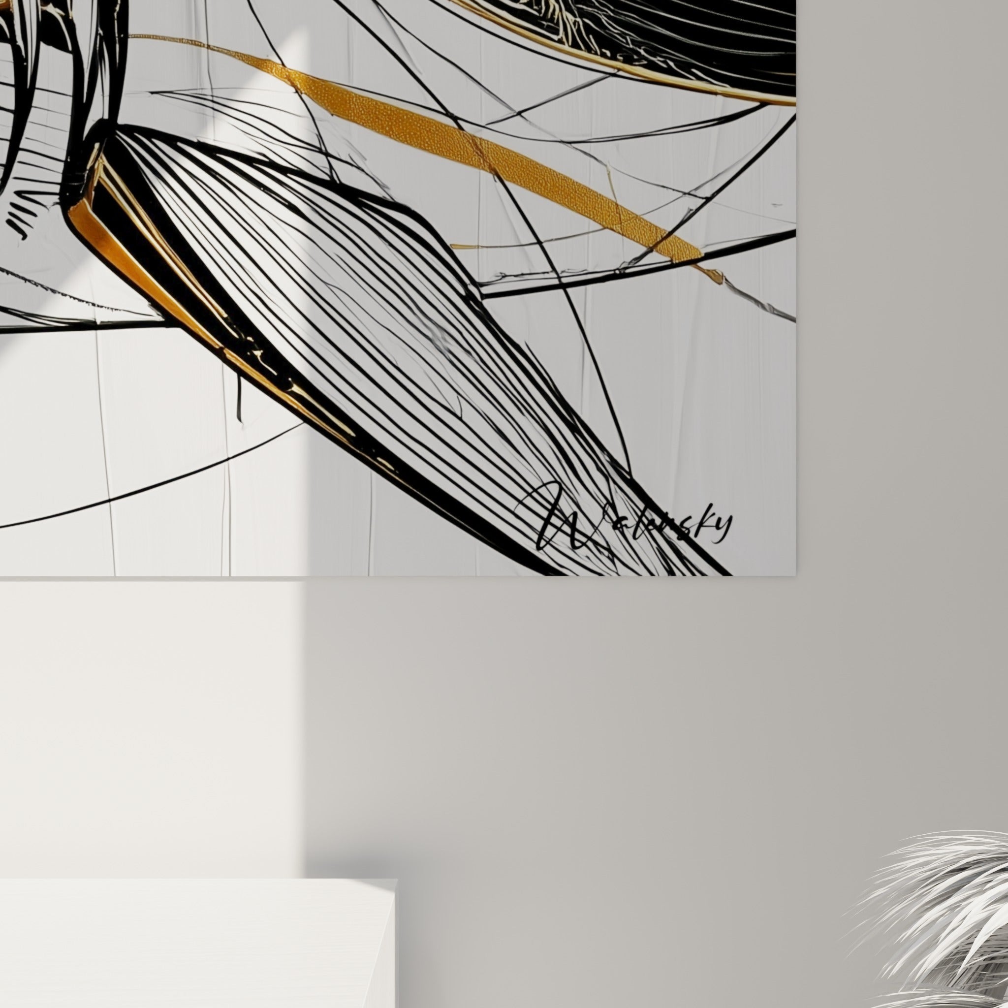 Détail des branchies rayées et de l'œil doré du requin, traits noirs fins et empâtements sur toile