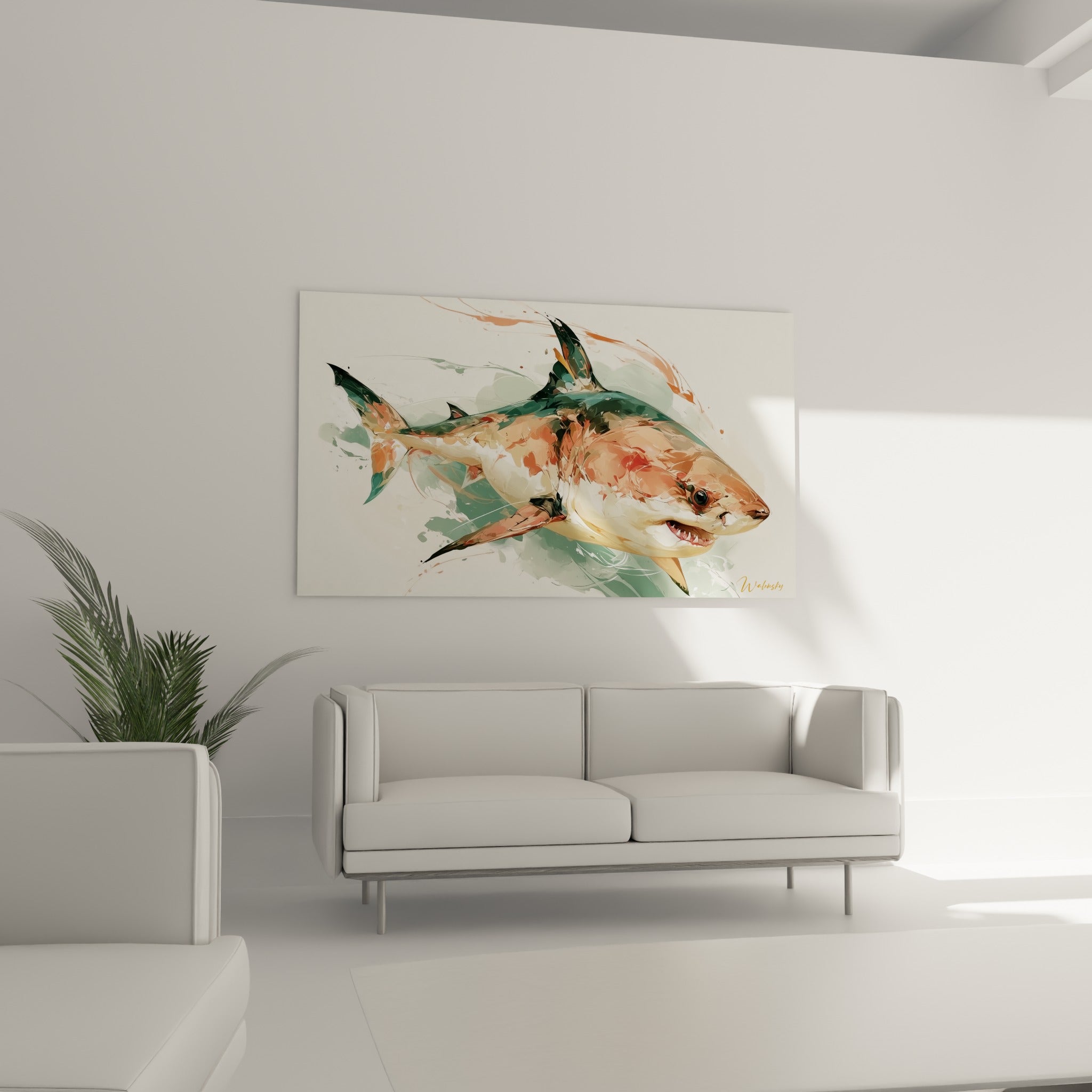 Requin dans un mouvement diagonal, tons corail et vert sombre, au-dessus d'un canapé dans un salon lumineux