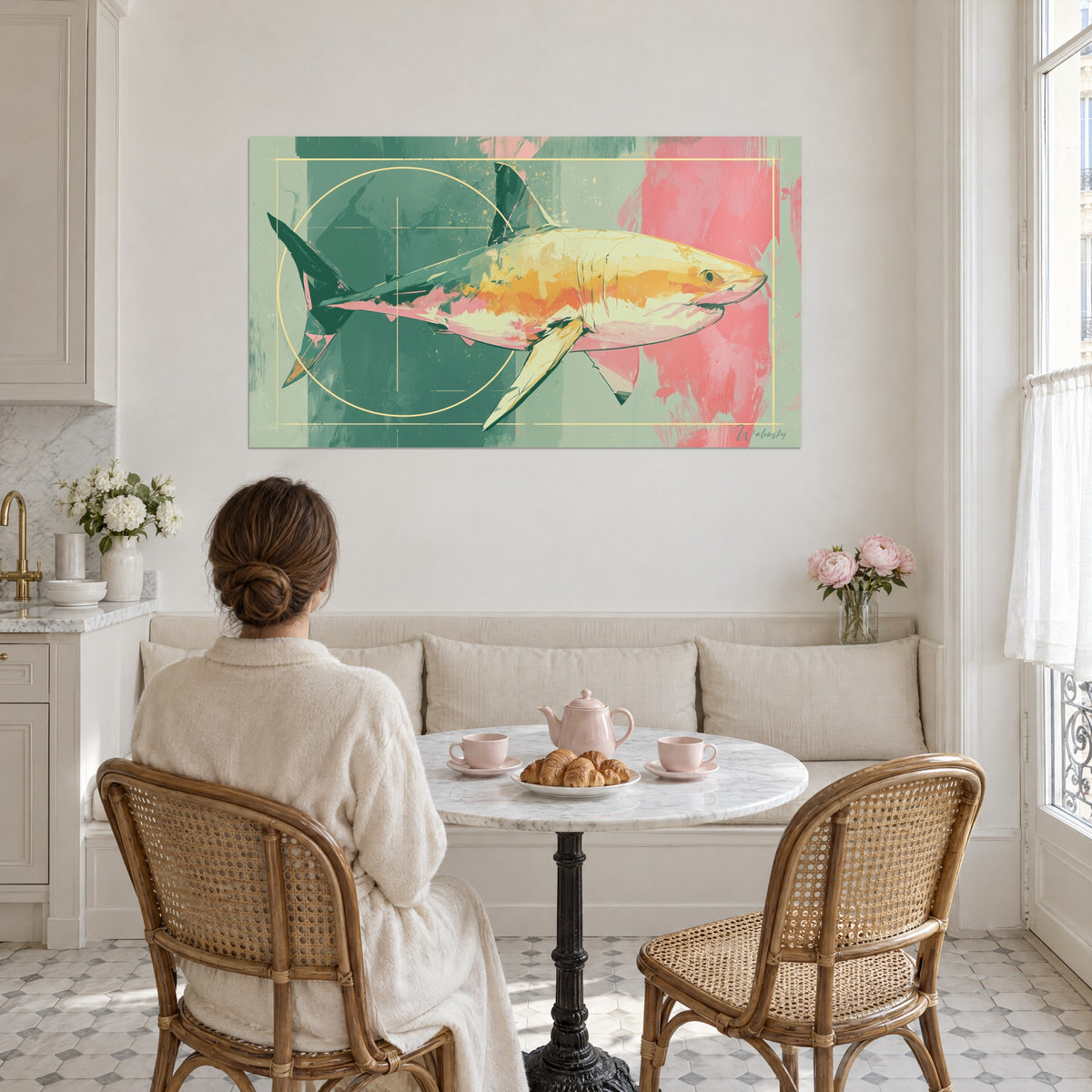 Tableau poisson marin aux flancs orangés sur fond sauge et rose, regardé par une femme de dos à sa table de petit-déjeuner