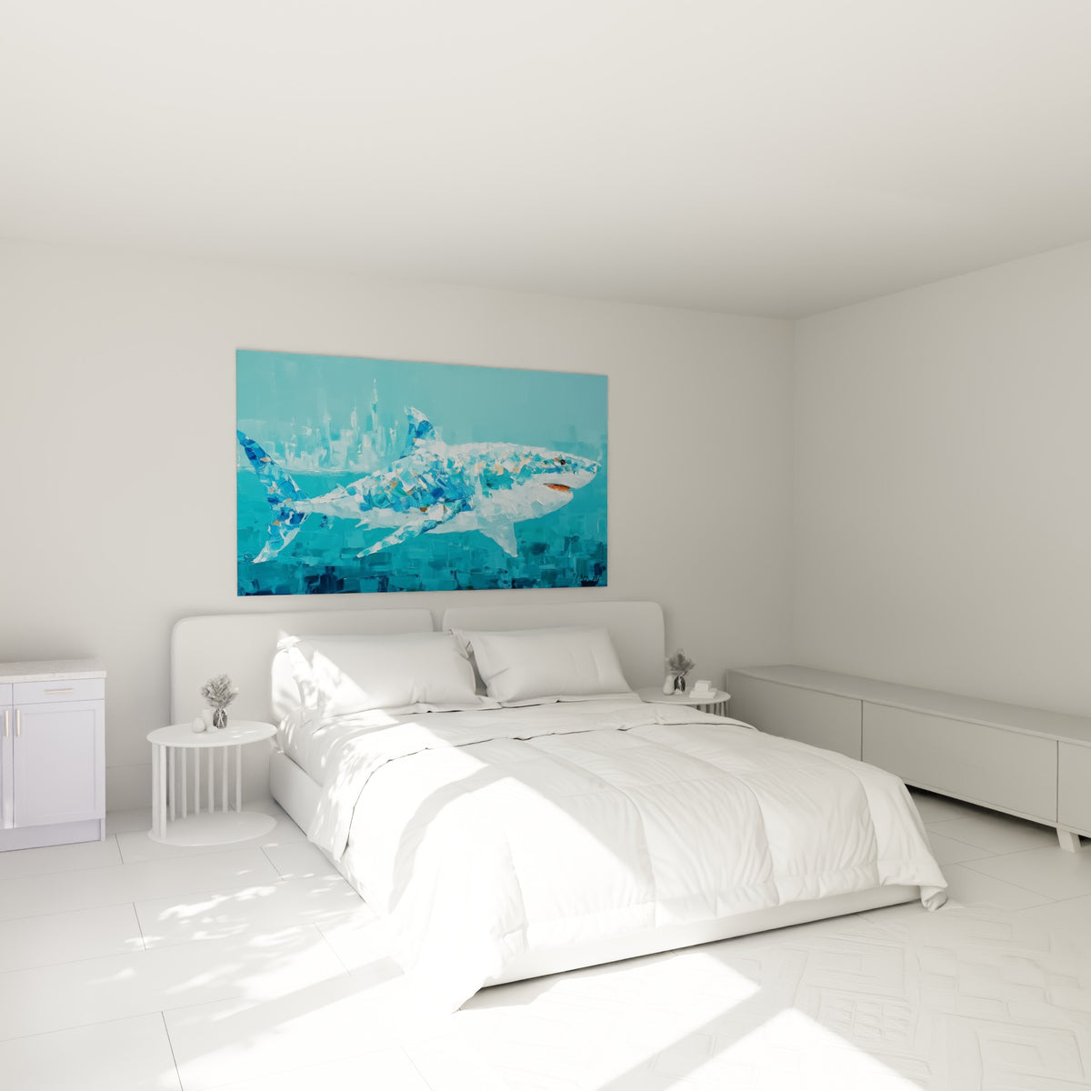 Silhouette de requin turquoise et doré, corps texturé, au-dessus d'un lit dans une chambre claire