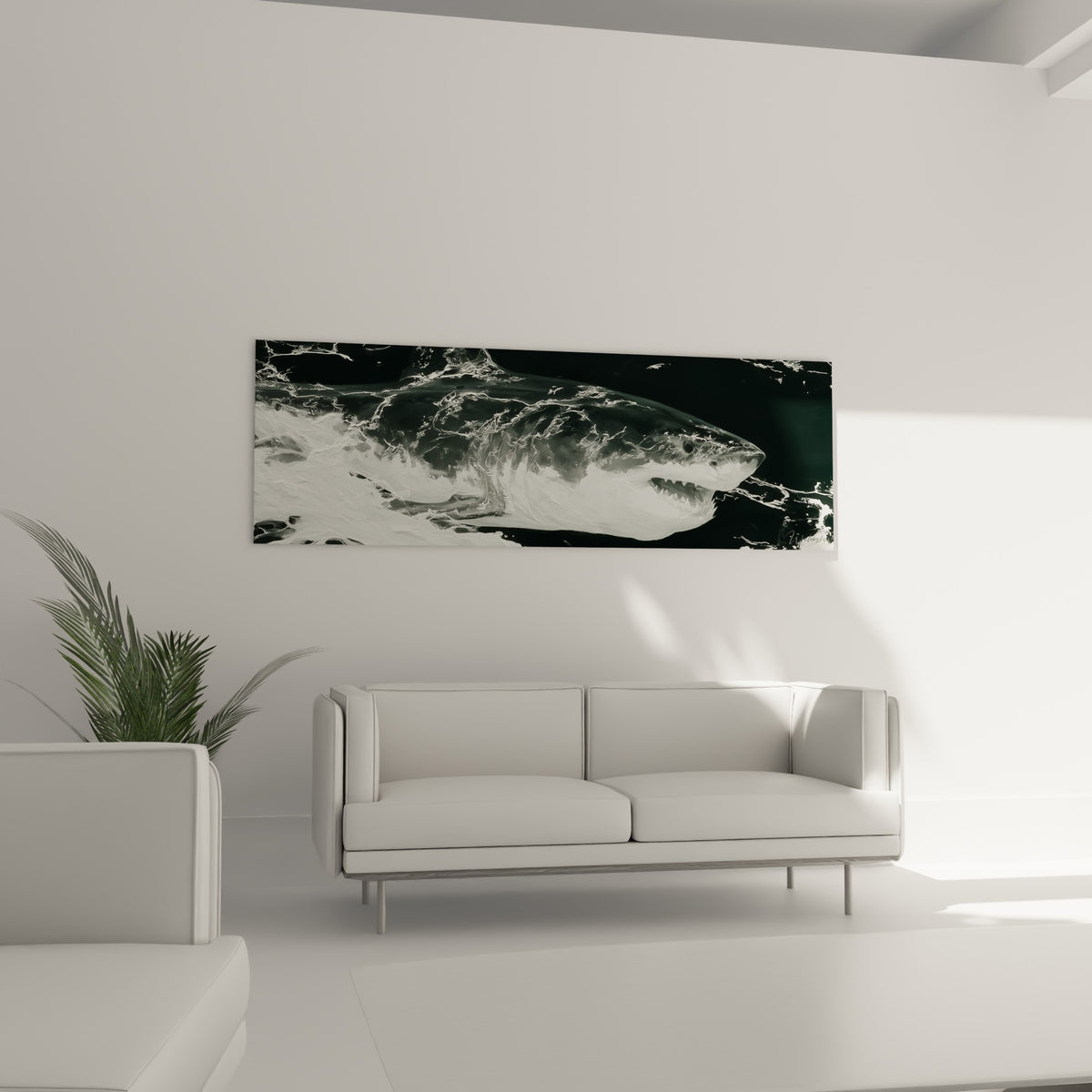 Silhouette puissante du requin noir et blanc dans l'écume, au-dessus d'un canapé dans un salon lumineux