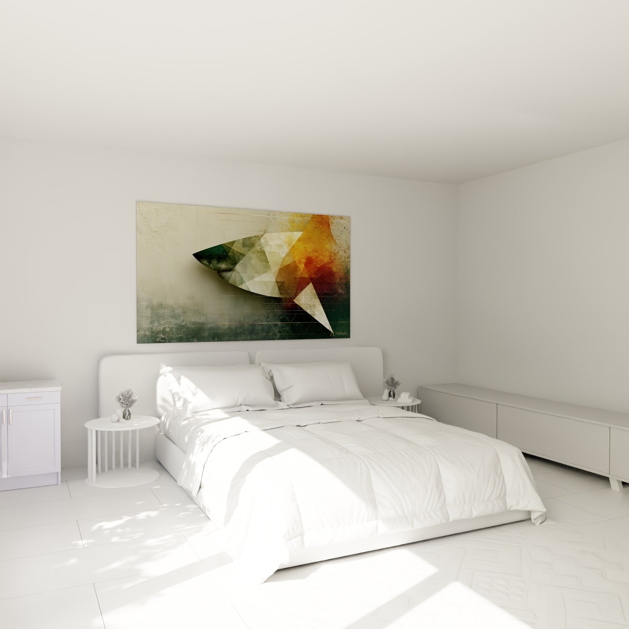 Silhouette de requin aux tons verts et ocre accrochée au-dessus d'un lit dans une chambre claire