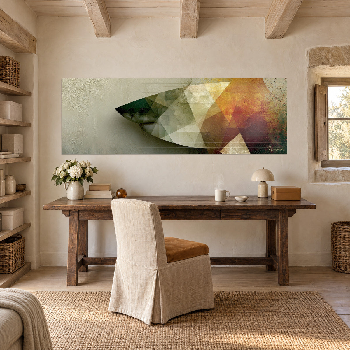 Wall art stylised shark with olive green and honey yellow facets, displayed on a rough plastered wall above a raw wood desk