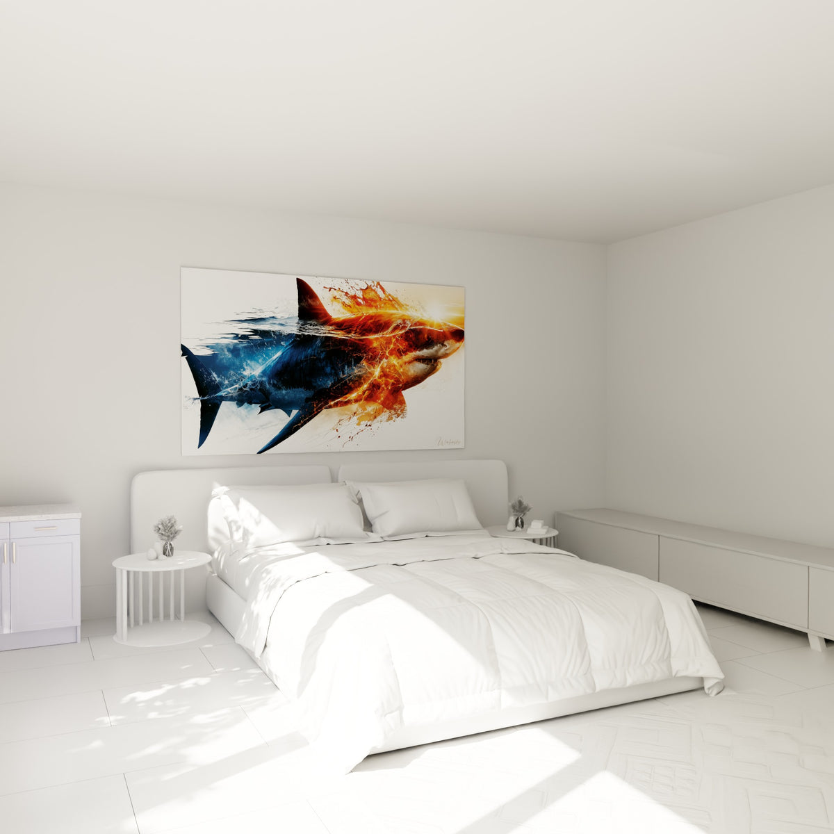 Silhouette de requin fauve et bleu marine, gueule ouverte, au-dessus d'un lit dans une chambre claire.