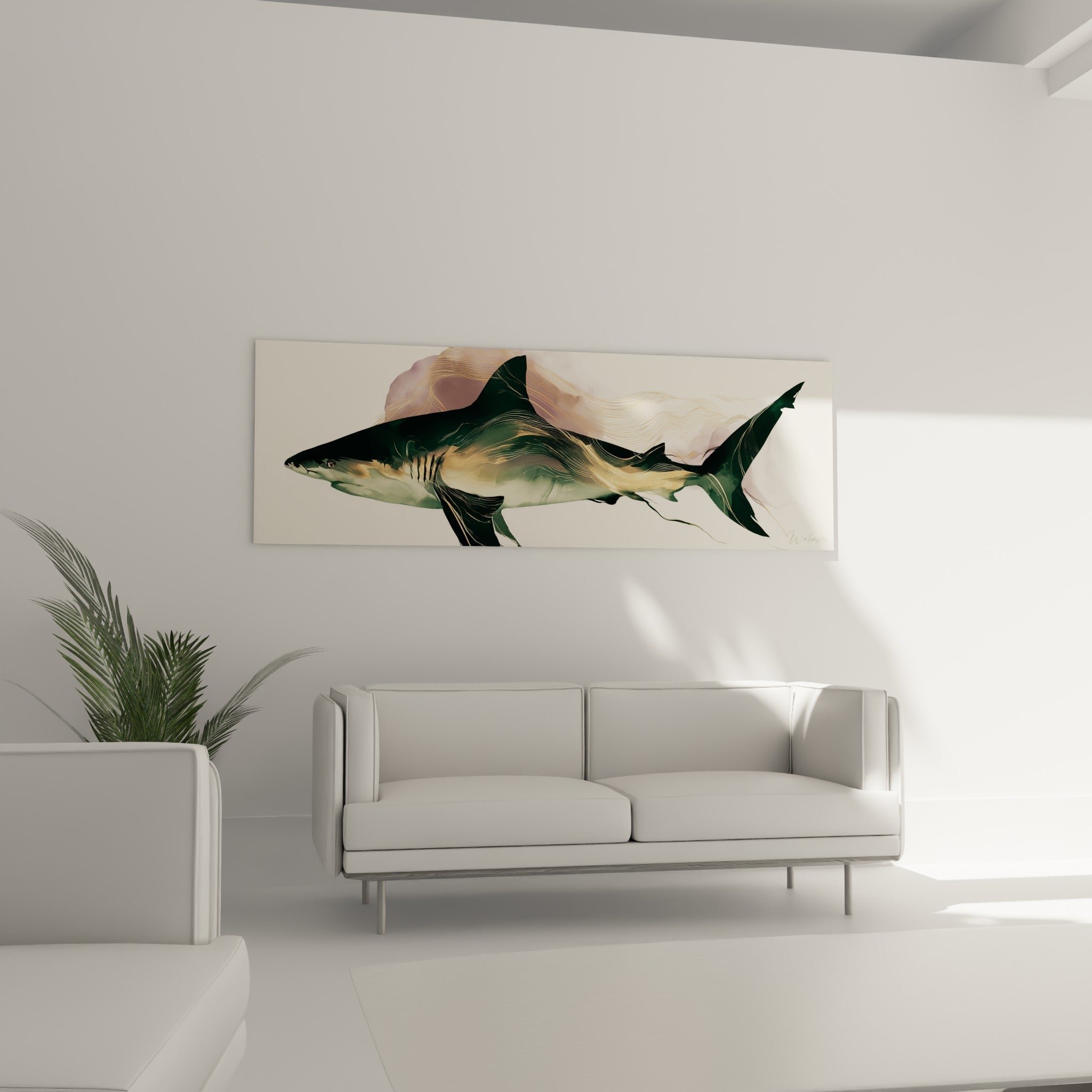 Requin fauve et lavande en mouvement fluide accroché au-dessus d'un canapé dans un salon lumineux