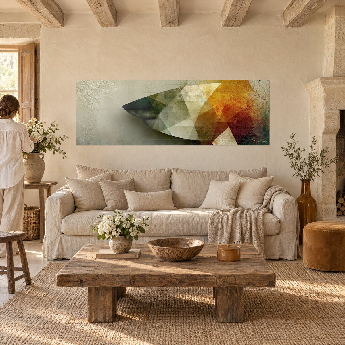 Wall art shark emerging from a cream wall, triangular facets in fir green and burnt ochre, above a sofa in a bright living room