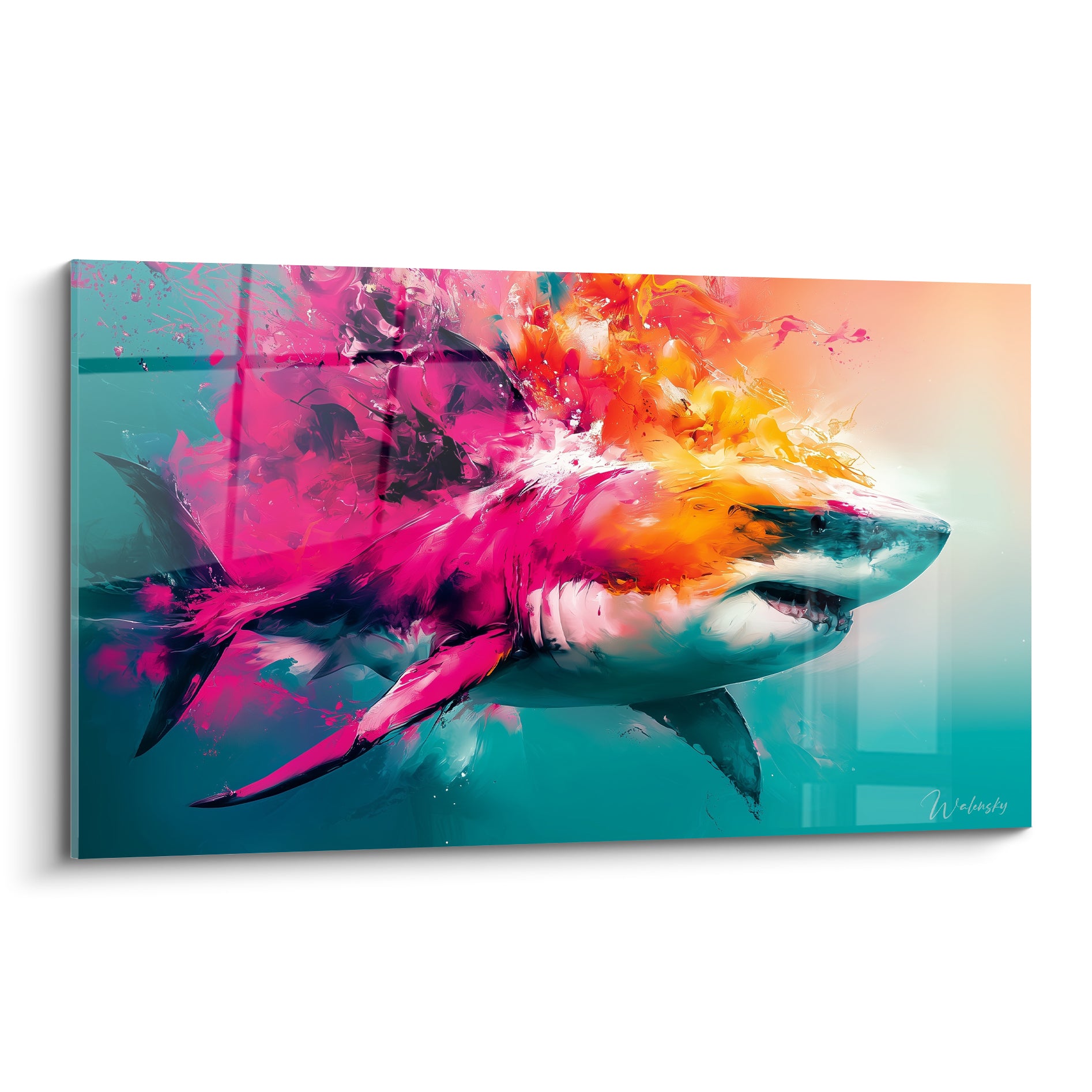 Requin fuchsia et orangé jaillissant d'un nuage de couleurs sur fond turquoise profond