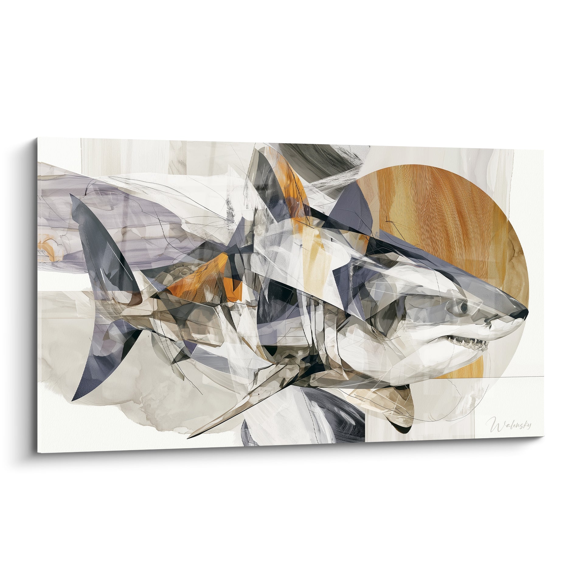 Requin gris anthracite et ocre en fragments géométriques sur fond beige texturé