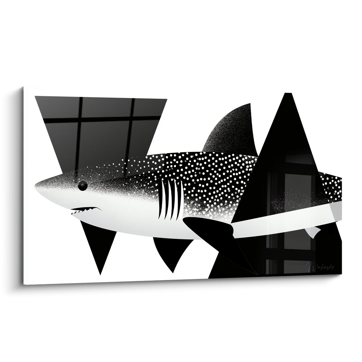 Requin noir et blanc aux motifs pointillés surgissant parmi des formes triangulaires anthracites