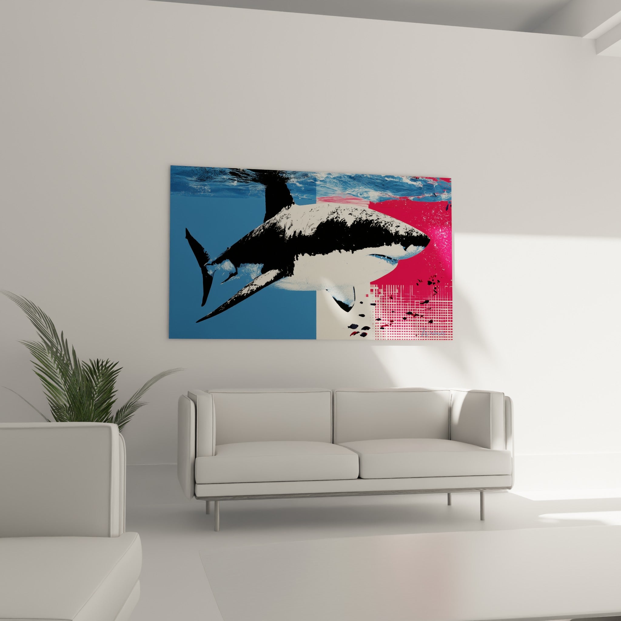 Prédateur marin en aplats bleu et rose vif, disposé au-dessus d'un canapé dans un salon lumineux