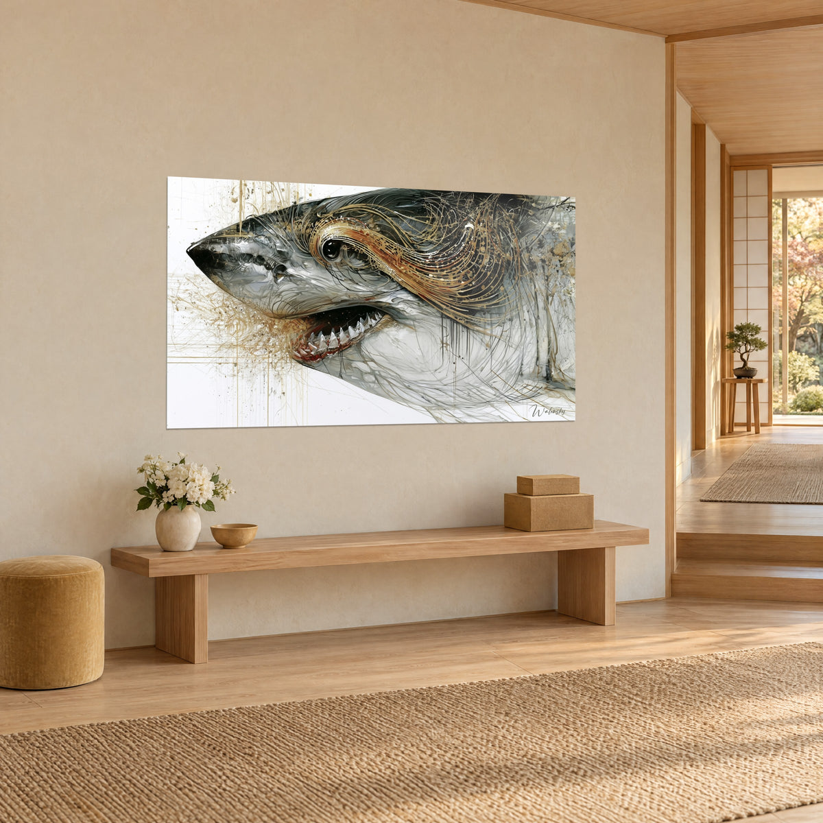 Schilderij grote haai met gouden draden die rond het zwarte oog wervelen, bespatte witte achtergrond, houten bank in de japandi-hal