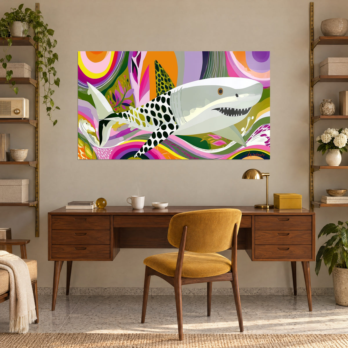 Tableau requin tigre stylisé blanc et noir, fond lilas et orange, au-dessus d'un bureau en bois près d'étagères