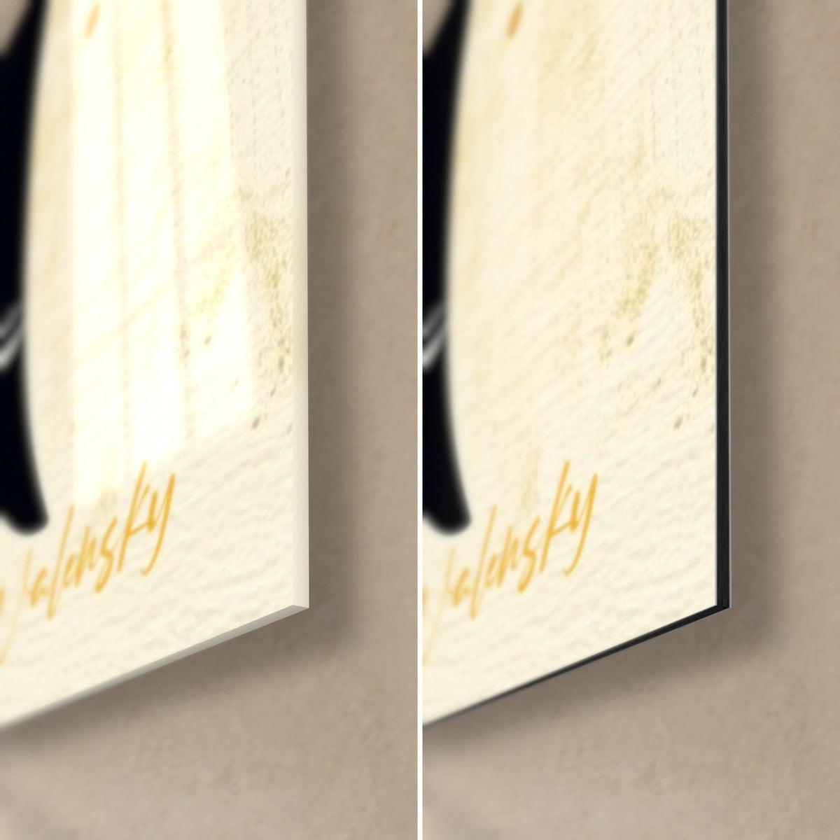 Gemälde Hai in Creme und Schwarz, untere rechte Ecke: glänzendes Glas links, matt Dibond rechts, 3 mm Kante und goldene Signatur