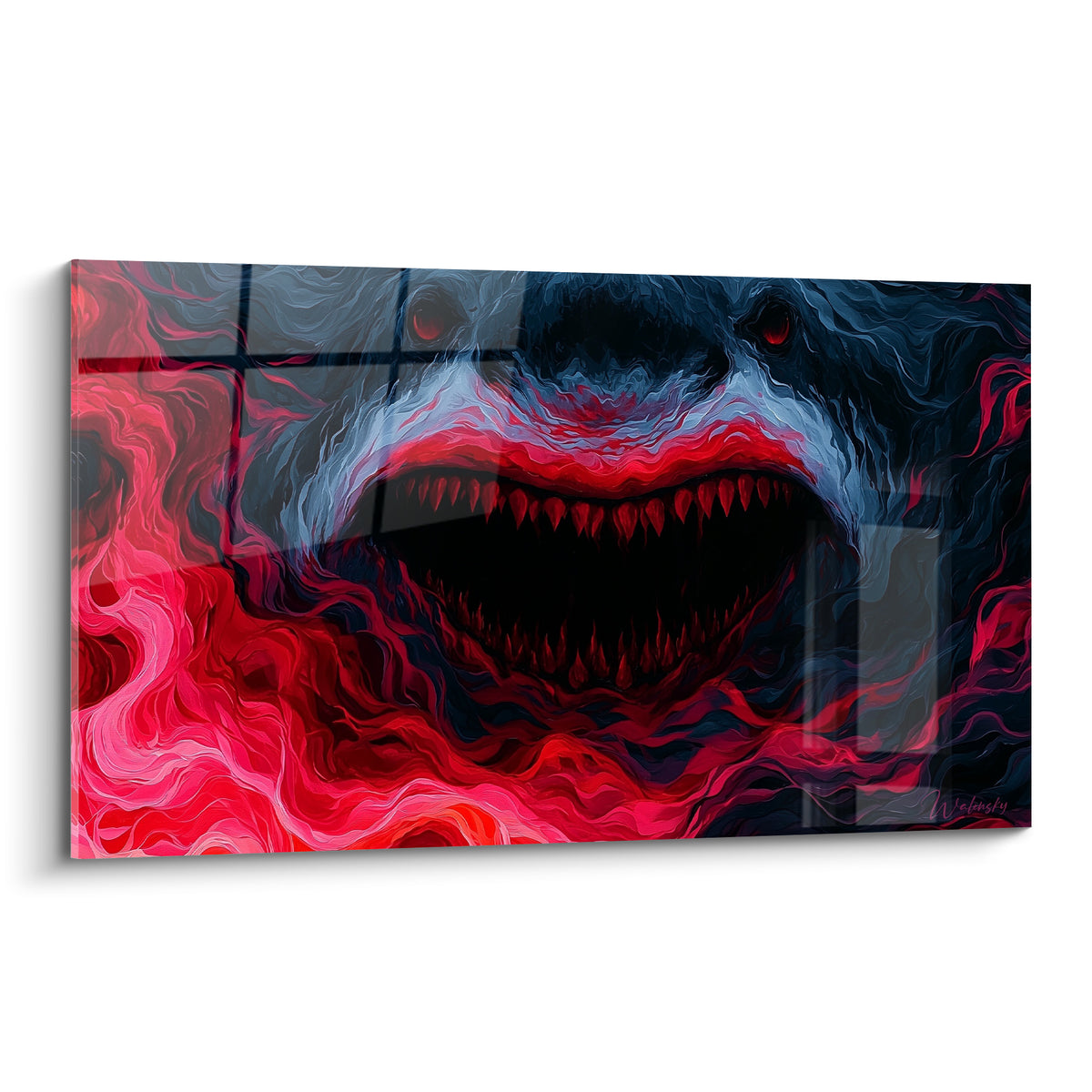 Requin gris anthracite gueule ouverte, crocs rouges et flammes écarlates tourbillonnantes