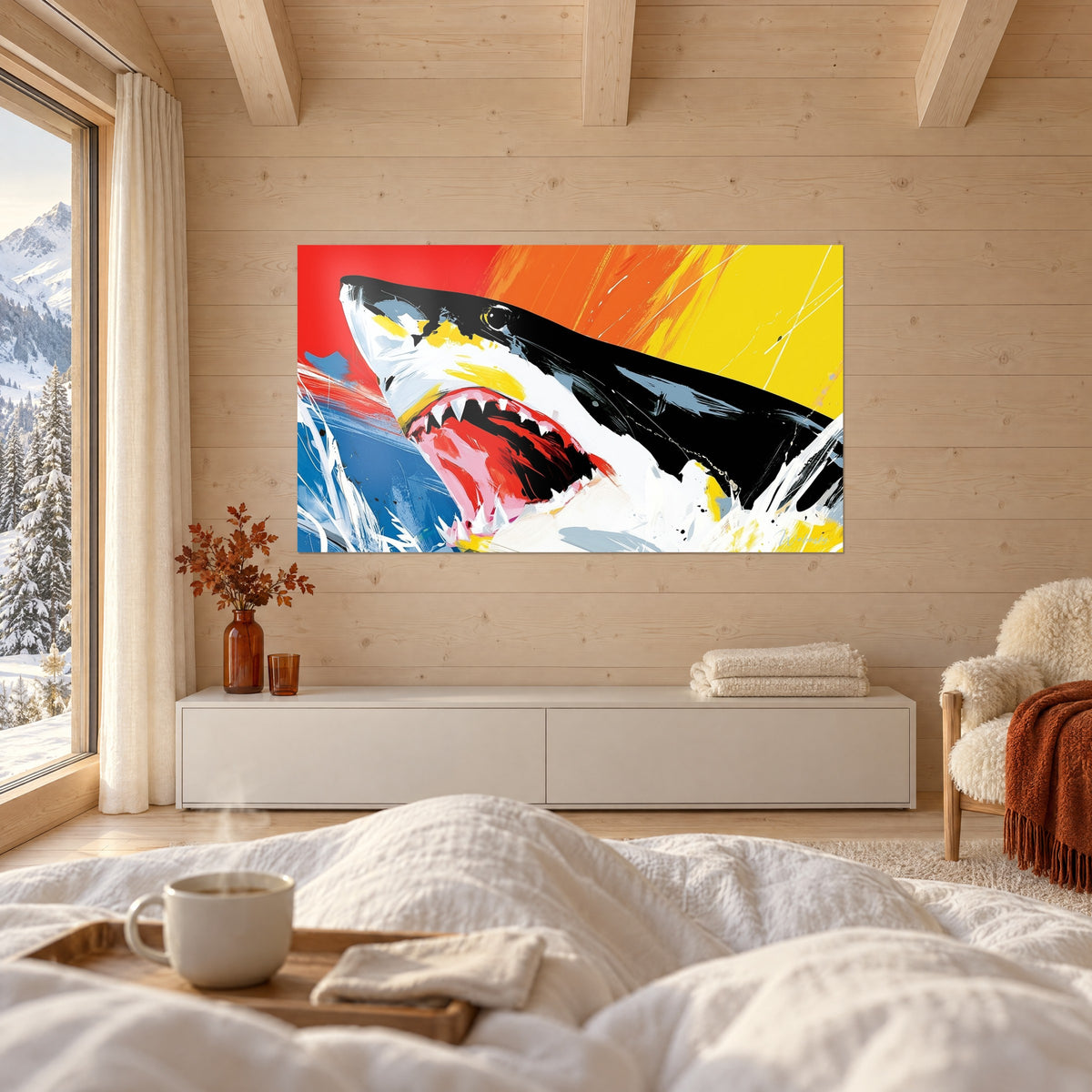 Schilderij grote witte haai met open rode kaak, zwarte rug en gele lucht, boven een bed in een lichte slaapkamer