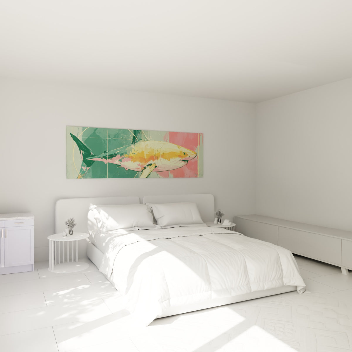 Silhouette de requin jaune doré et rose corail suspendue au-dessus d'un lit dans une chambre claire