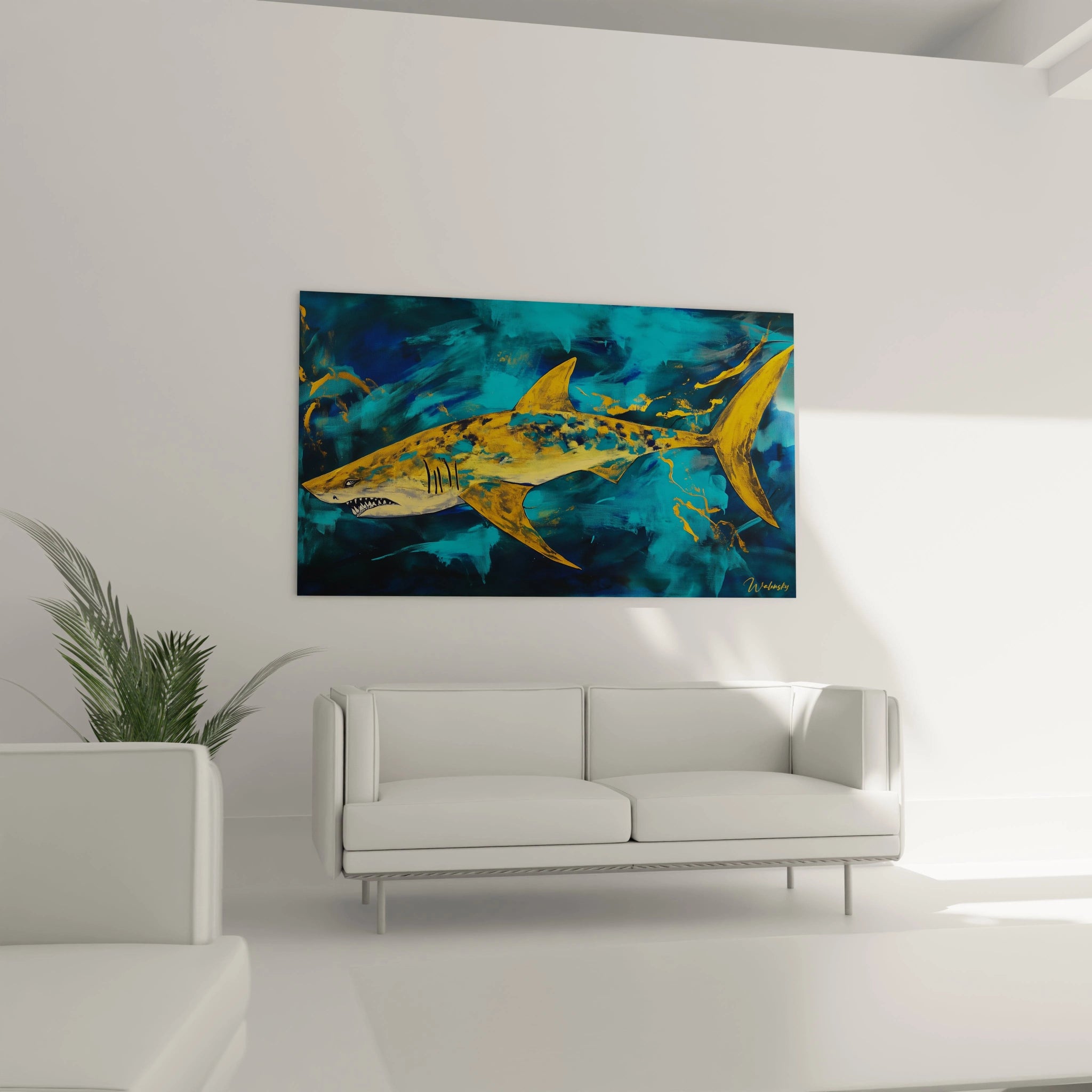 Tableau requin Walensky avec peinture colorée bleue et jaune accroché au mur d'un salon moderne