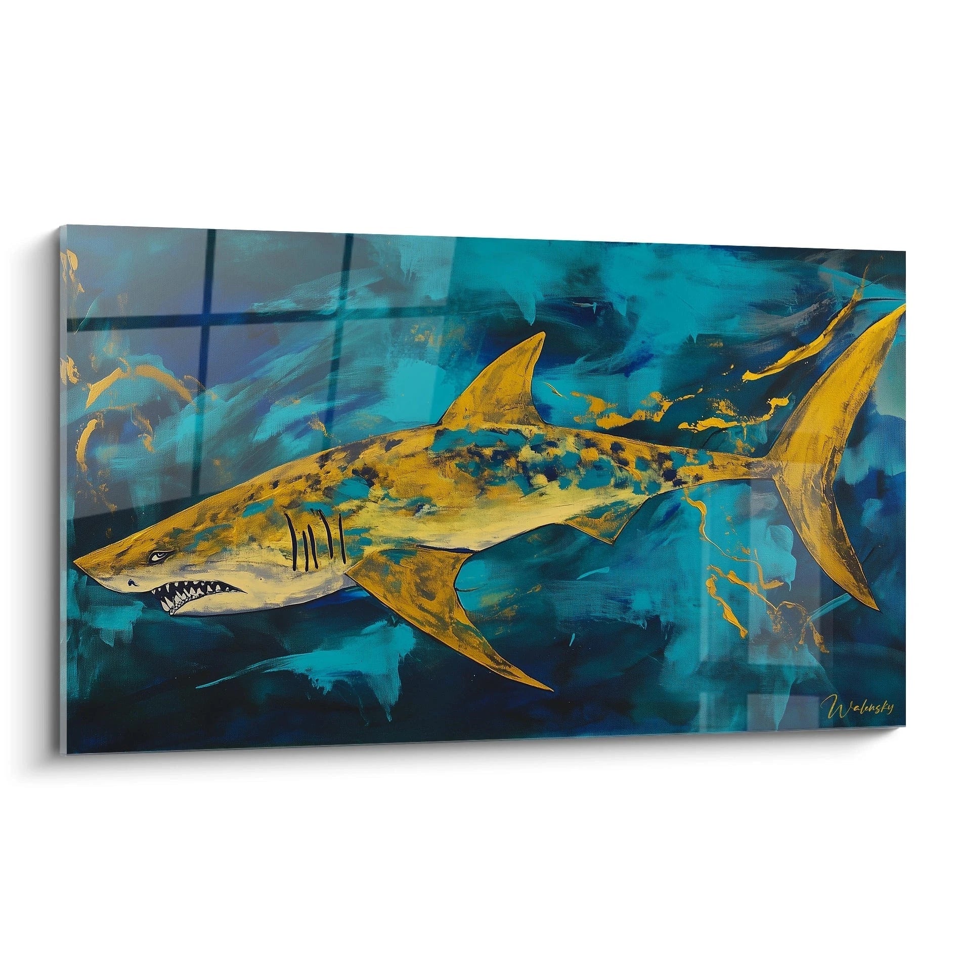 Tableau requin Walensky avec peinture marine bleu et jaune représentant un requin en mouvement