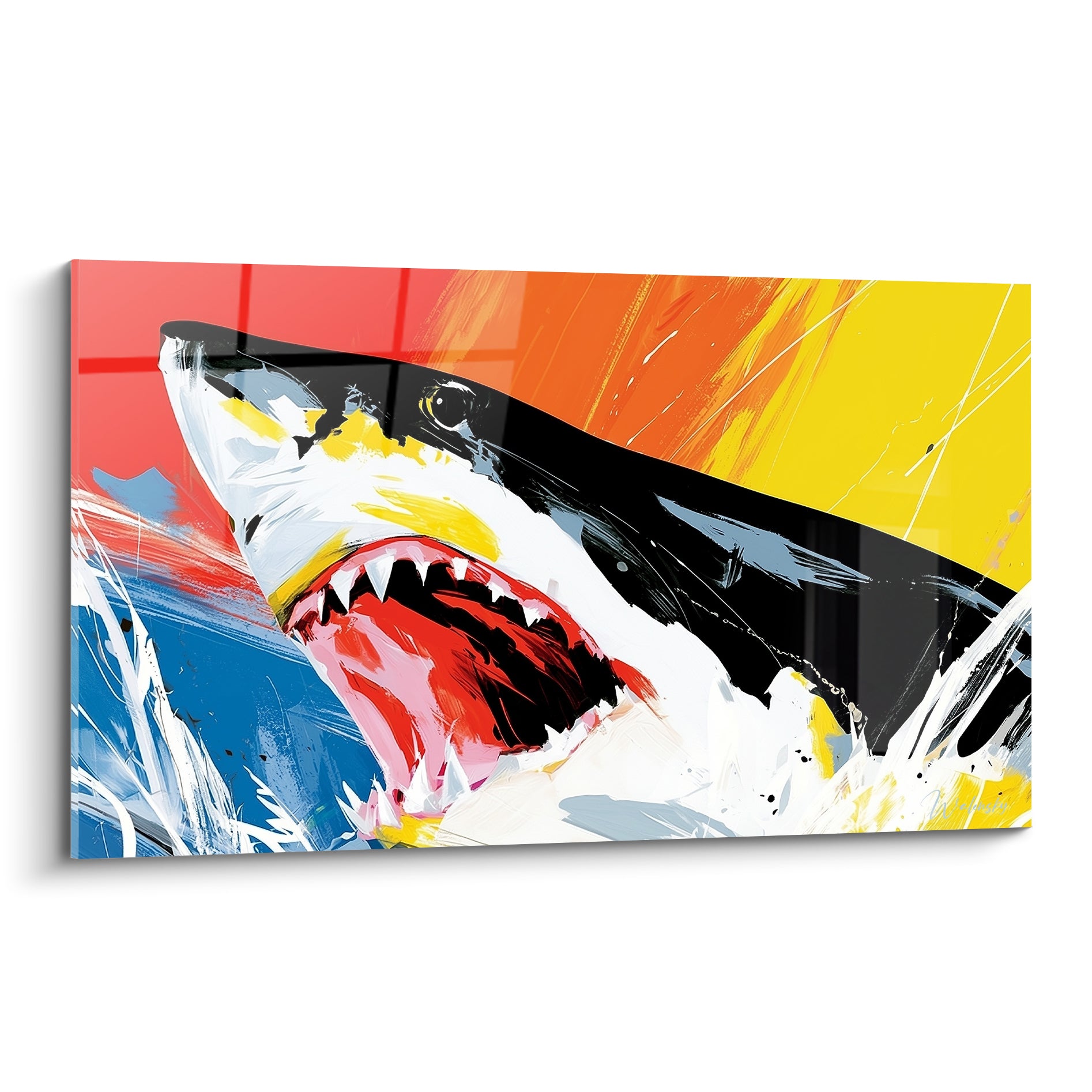 Requin mâchoire ouverte, dents blanches, fond rouge et jaune éclatant en peinture expressive