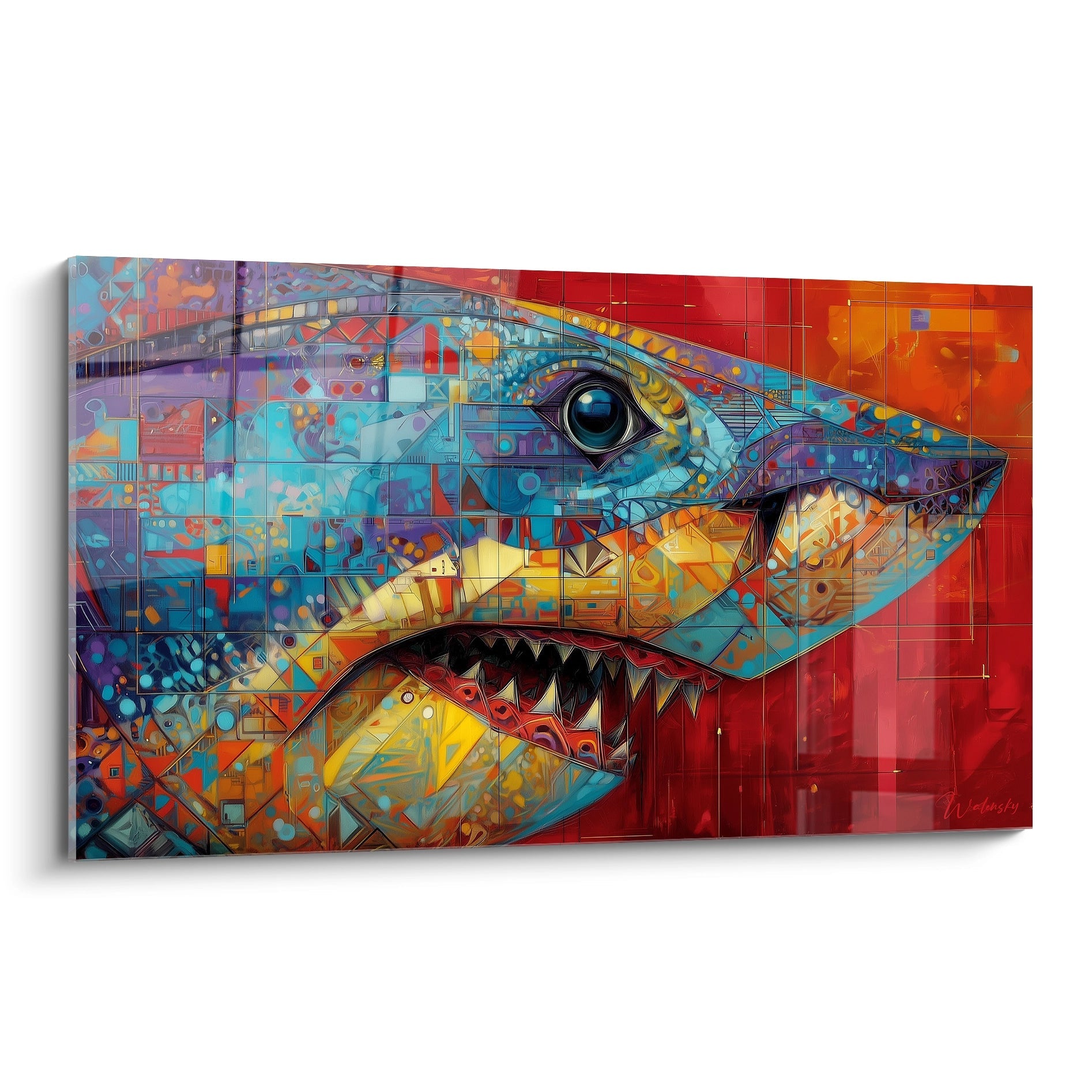 Tableau mural requin mégalodon art géométrique coloré style cubiste moderne décoration murale
