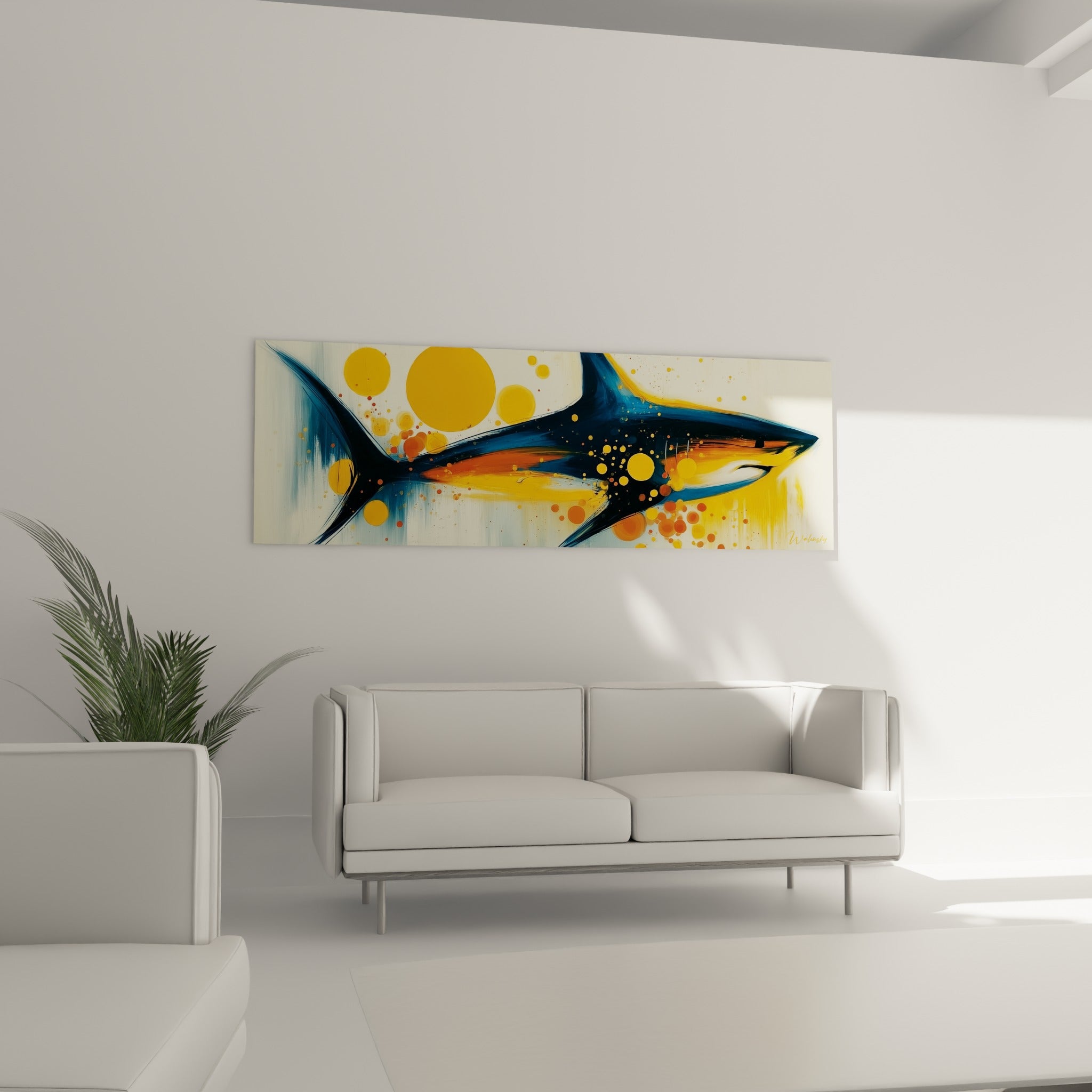 Requin abstrait aux teintes moutarde et bleu marine suspendu au-dessus d'un canapé dans un salon lumineux