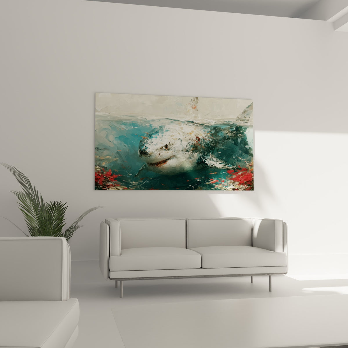 Museau du requin blanc et gris texturé accroché au-dessus d'un canapé dans un salon lumineux
