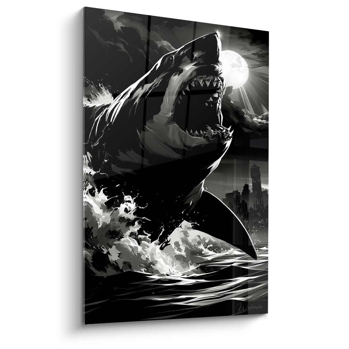 Requin anthracite gueule ouverte bondit sous une lune blanche dans un style graphique dramatique