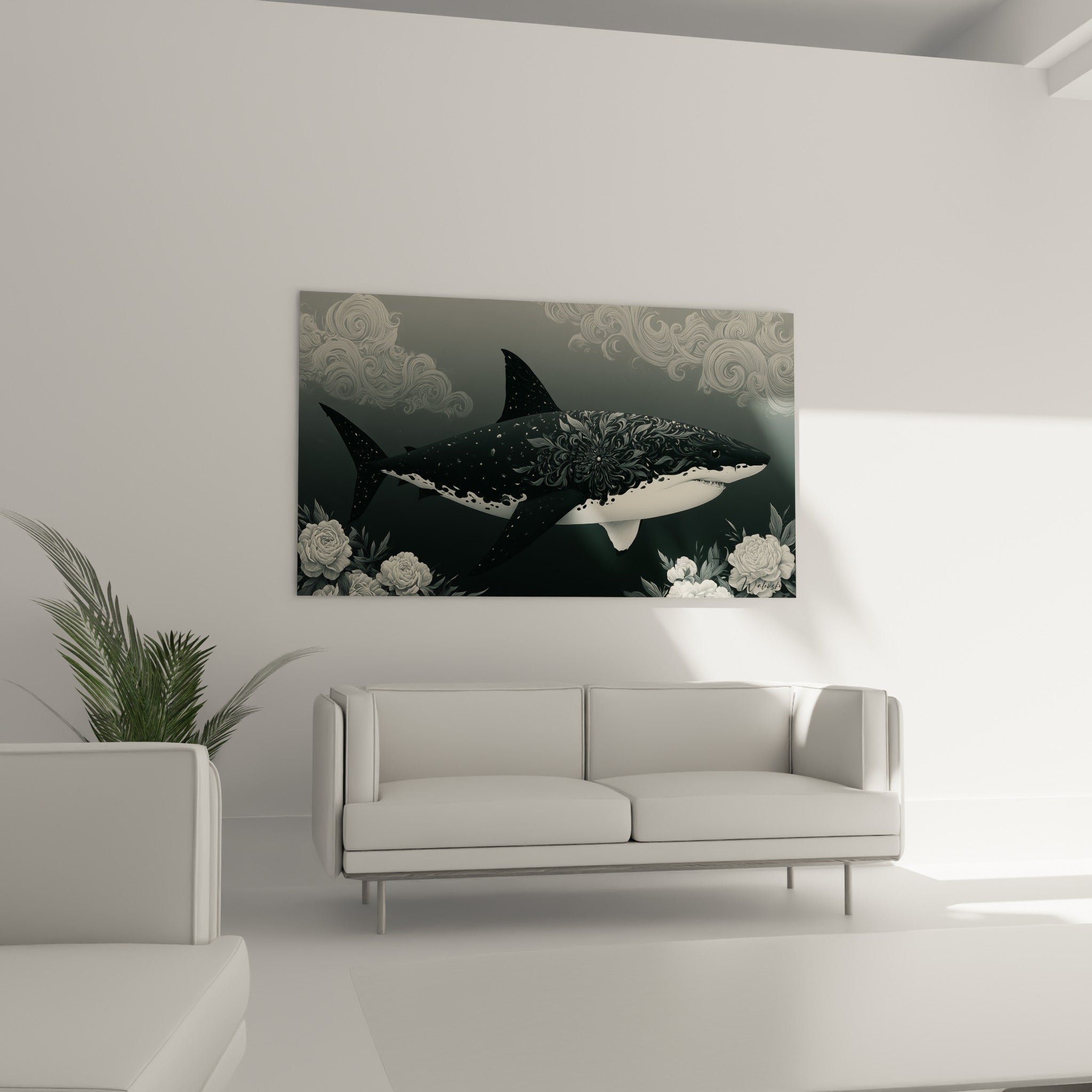 Requin fleuri anthracite et ivoire, suspendu au-dessus d'un canapé dans un salon lumineux