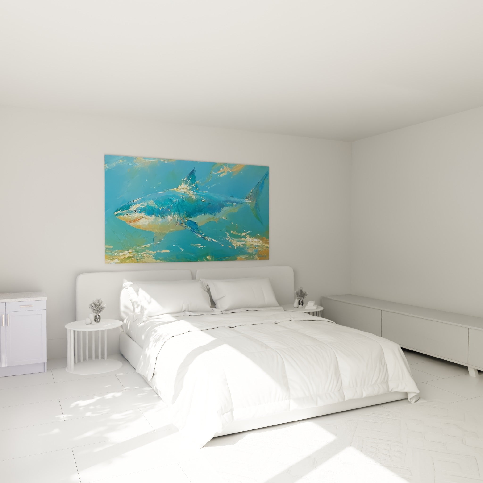 Requin turquoise aux reflets ocre au-dessus d'un lit dans une chambre claire et apaisée