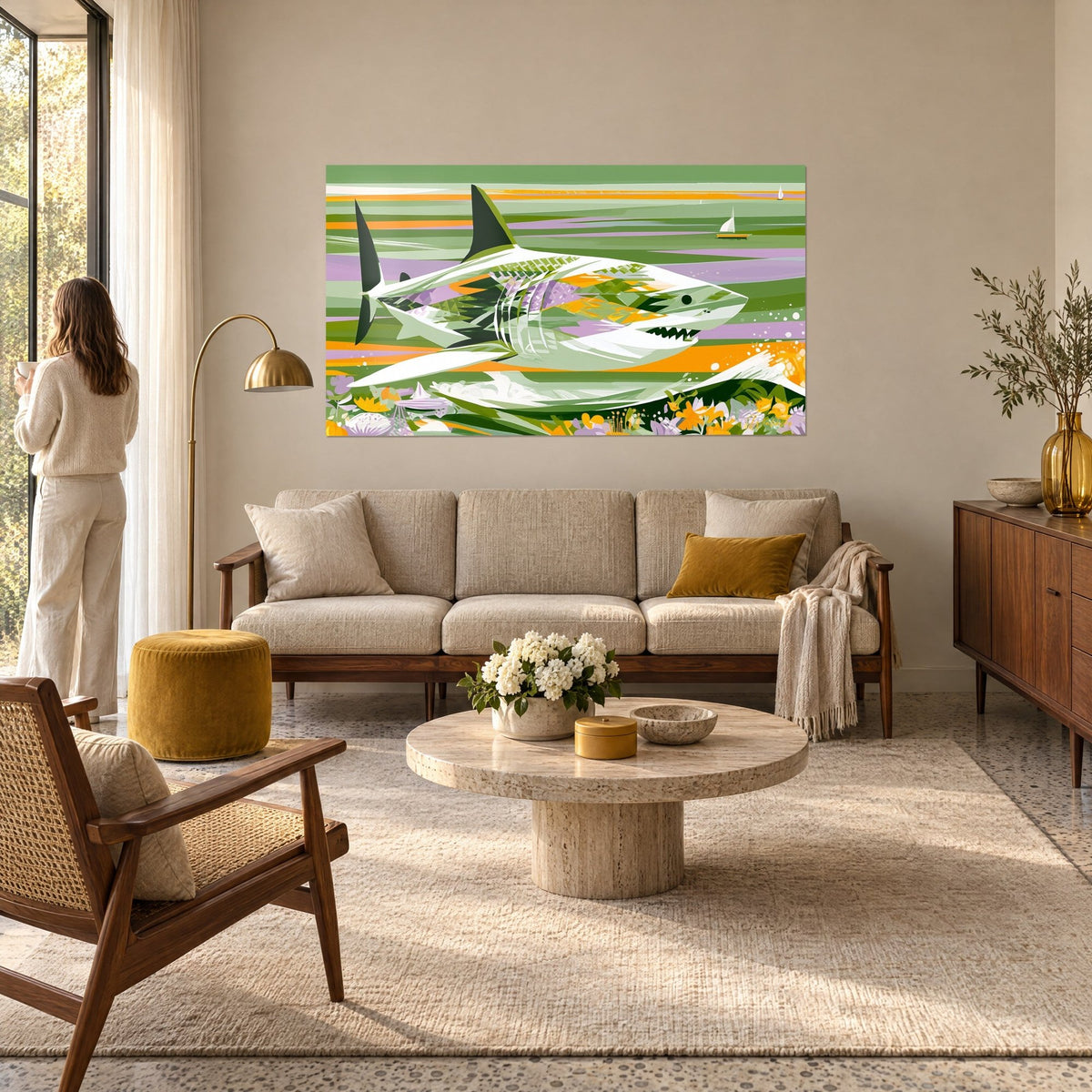 Tableau requin blanc géométrique sur fond vert sauge et orange, fleurs jaunes au premier plan, au-dessus d'un canapé dans un salon lumineux