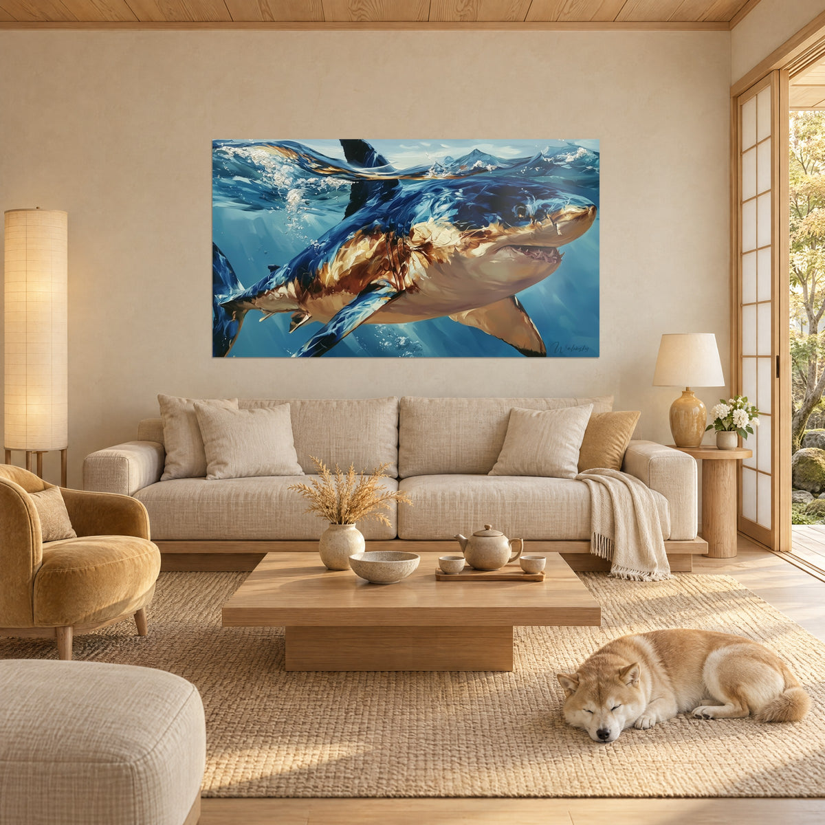 Gemälde Hai mit kobaltblauem Rücken und goldenem Bauch, schlafender Shiba auf dem Teppich, über einem Sofa in einem hellen Wohnzimmer