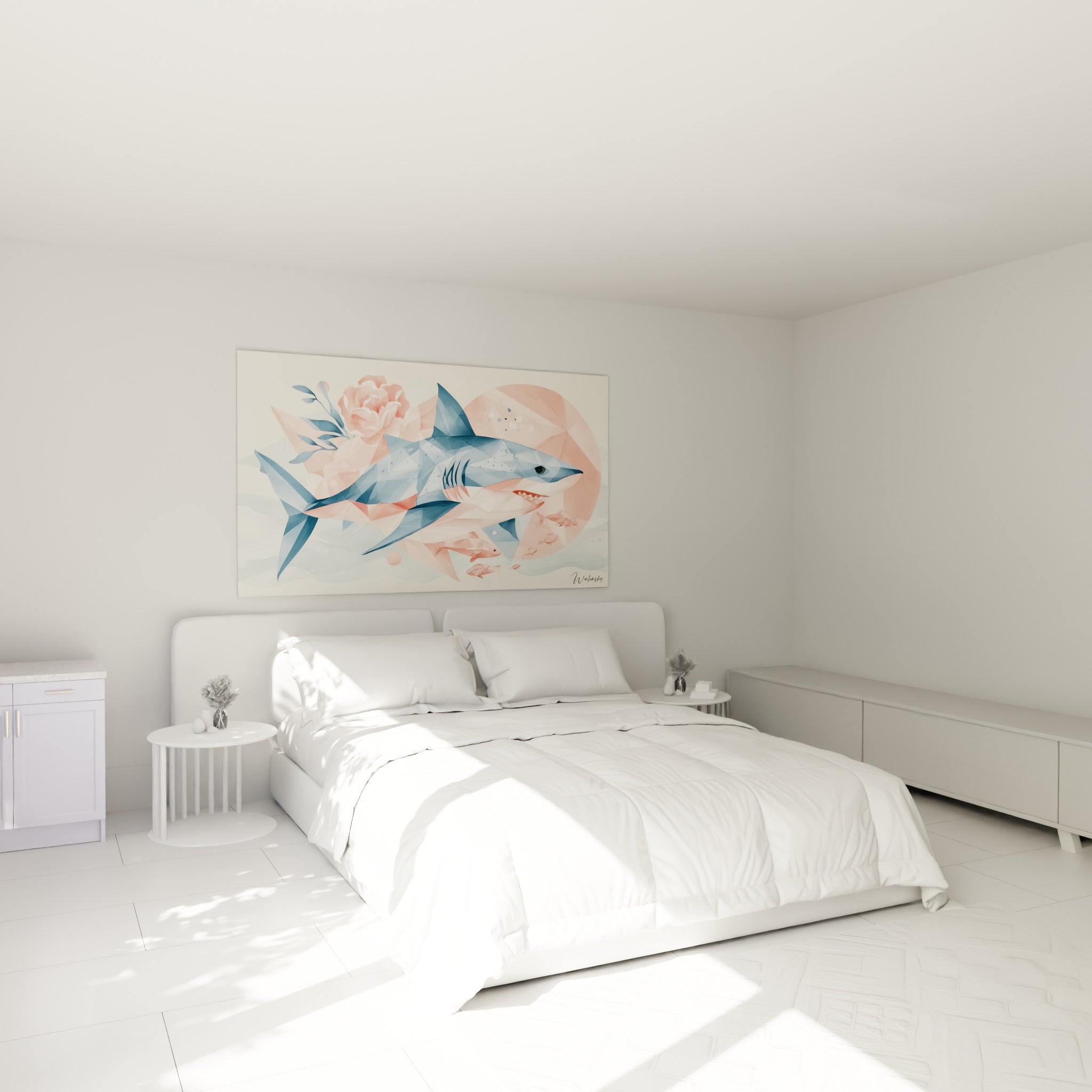 Requin corail et bleu pastel façon origami, accroché au-dessus d'un lit dans une chambre claire.