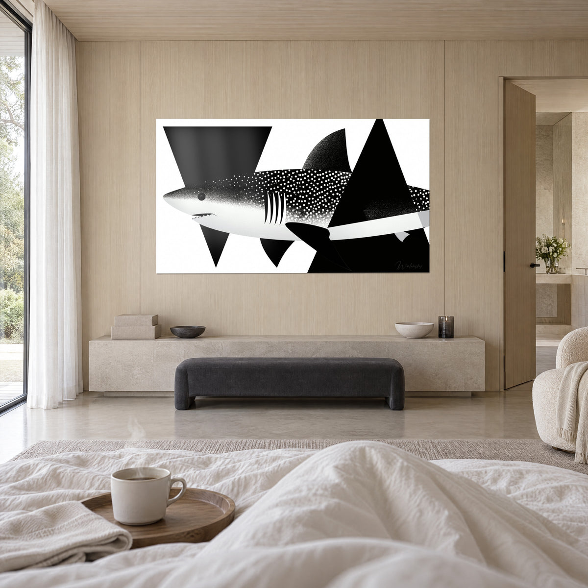 Tableau requin-baleine stylisé en noir et blanc, dos tacheté de points, triangles d'encre, au-dessus d'un lit dans une chambre claire