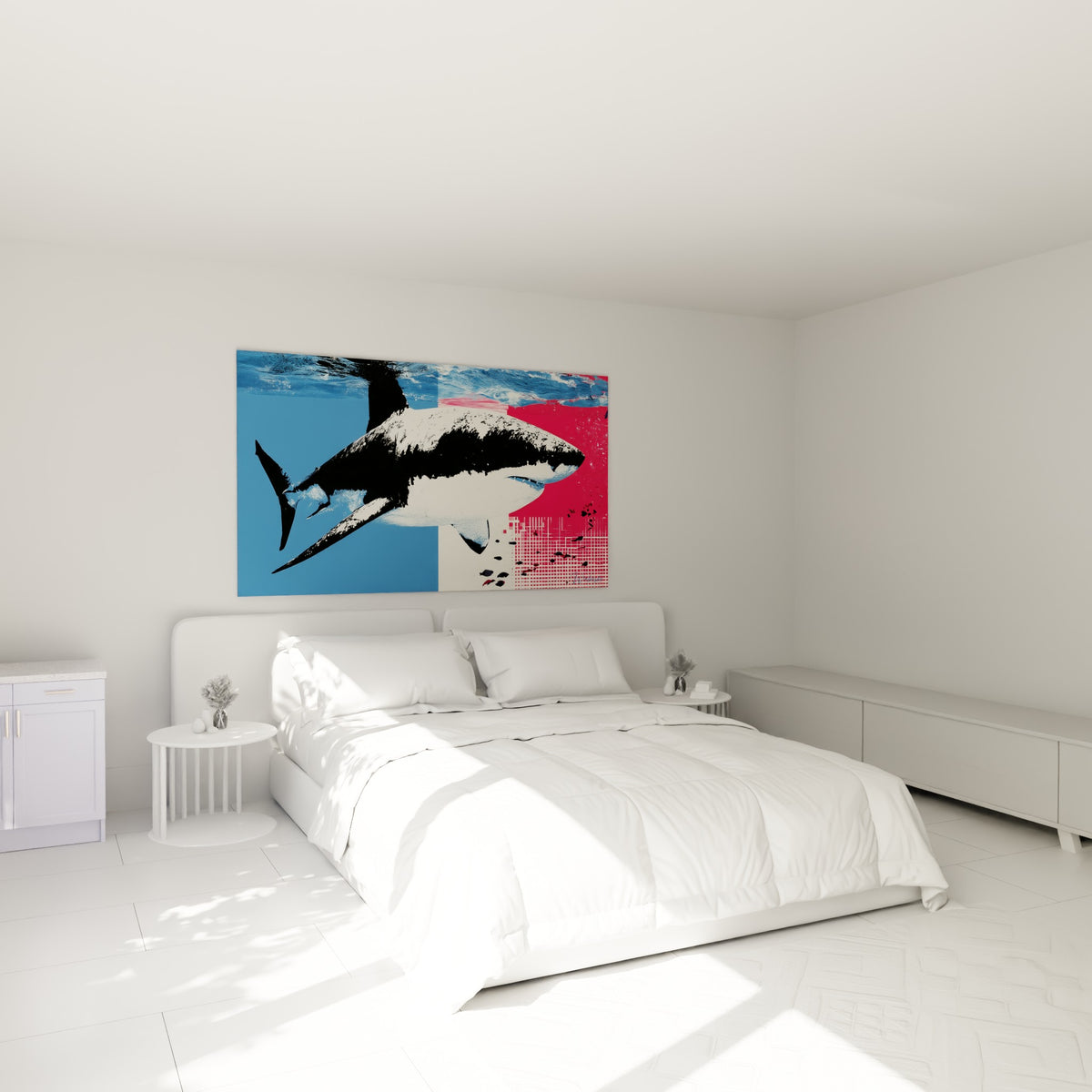 Silhouette de requin en bleu marine et rose fuchsia, accrochée au-dessus d'un lit dans une chambre claire