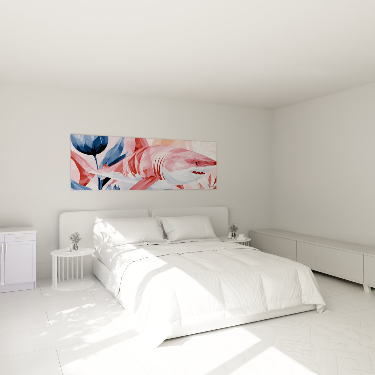 Requin rose et blanc glissant parmi un feuillage bleu marine, au-dessus d'un lit dans une chambre claire