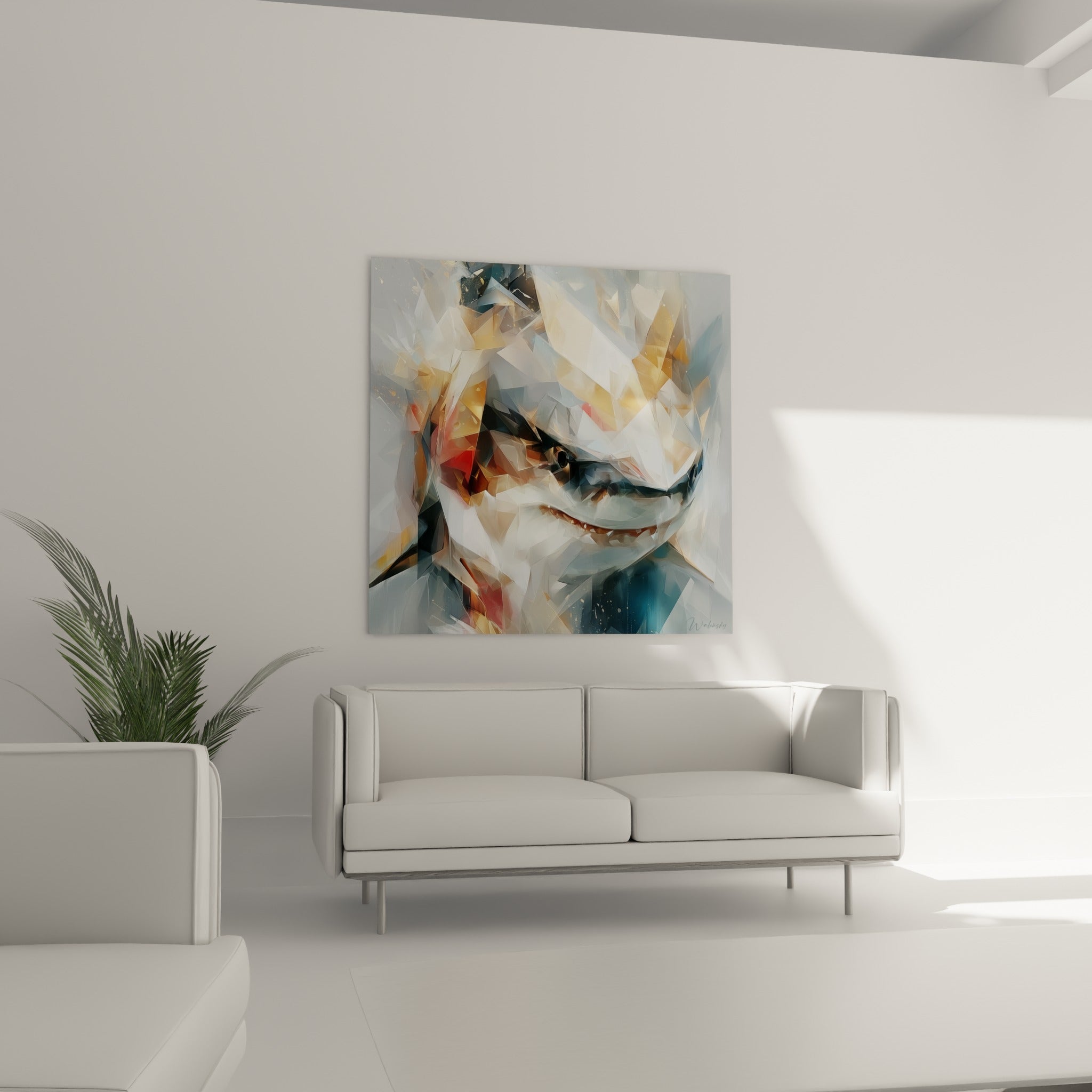 Prédateur marin aux reflets ocre et gris anthracite, suspendu au-dessus d'un canapé dans un salon lumineux