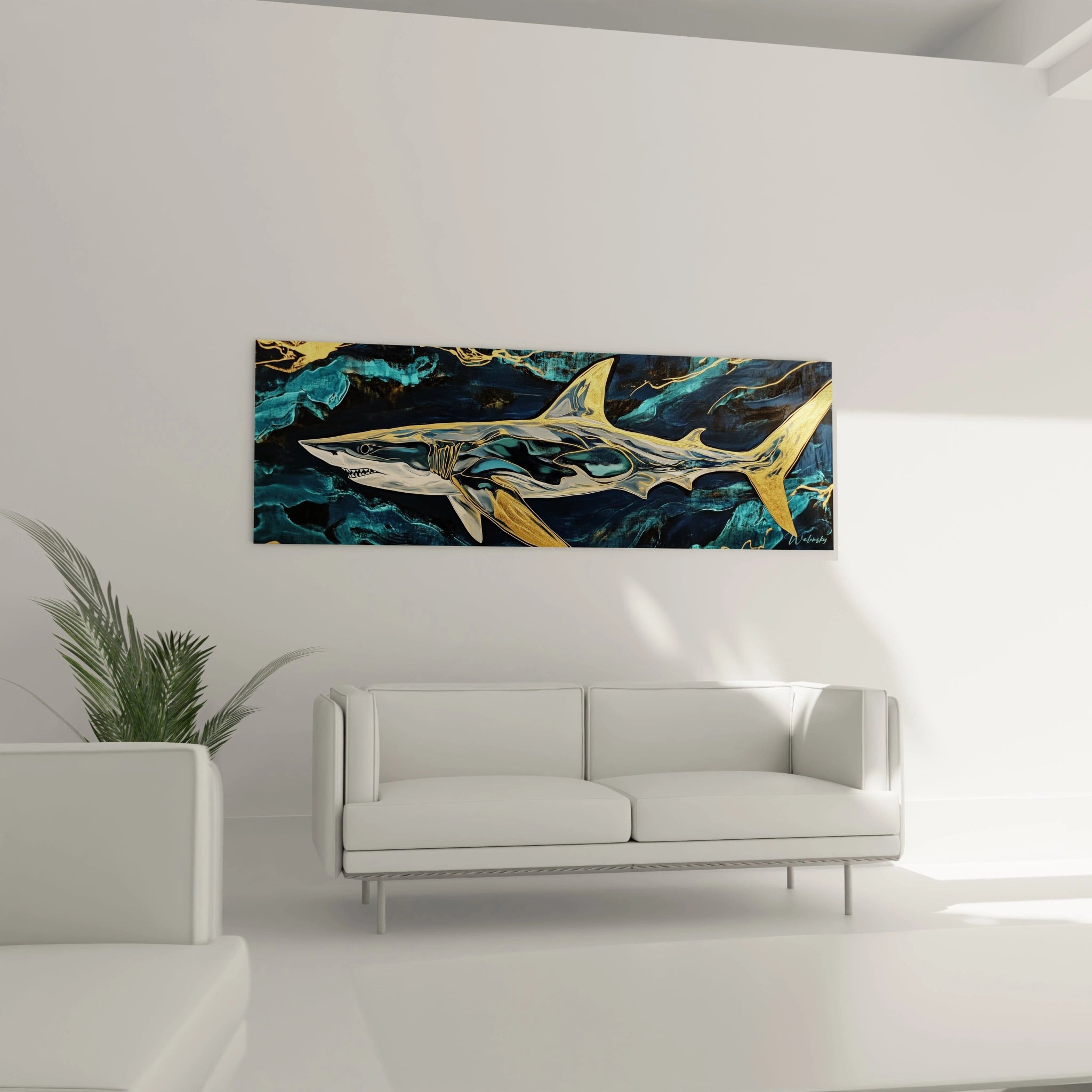 Tableau requin Walensky avec design bleu et doré accroché au mur d'un salon moderne