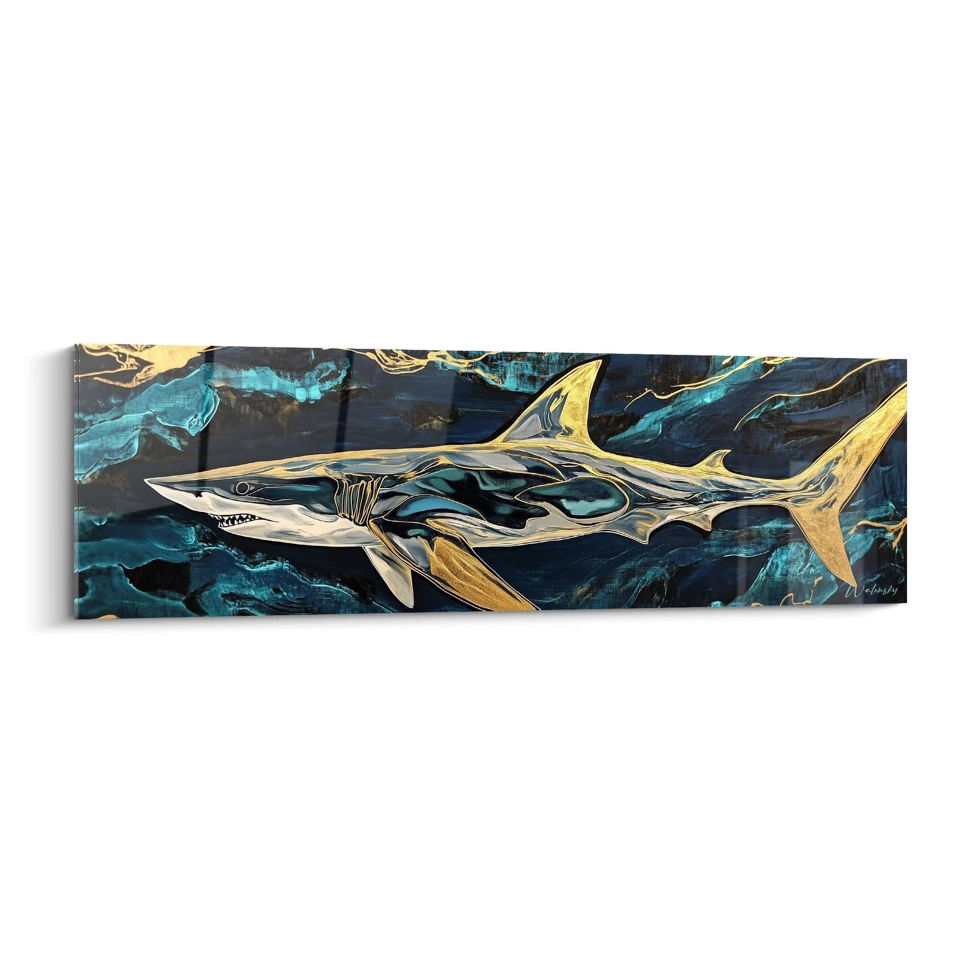 Tableau requin Walensky avec design artistique bleu et doré sur fond marin abstrait