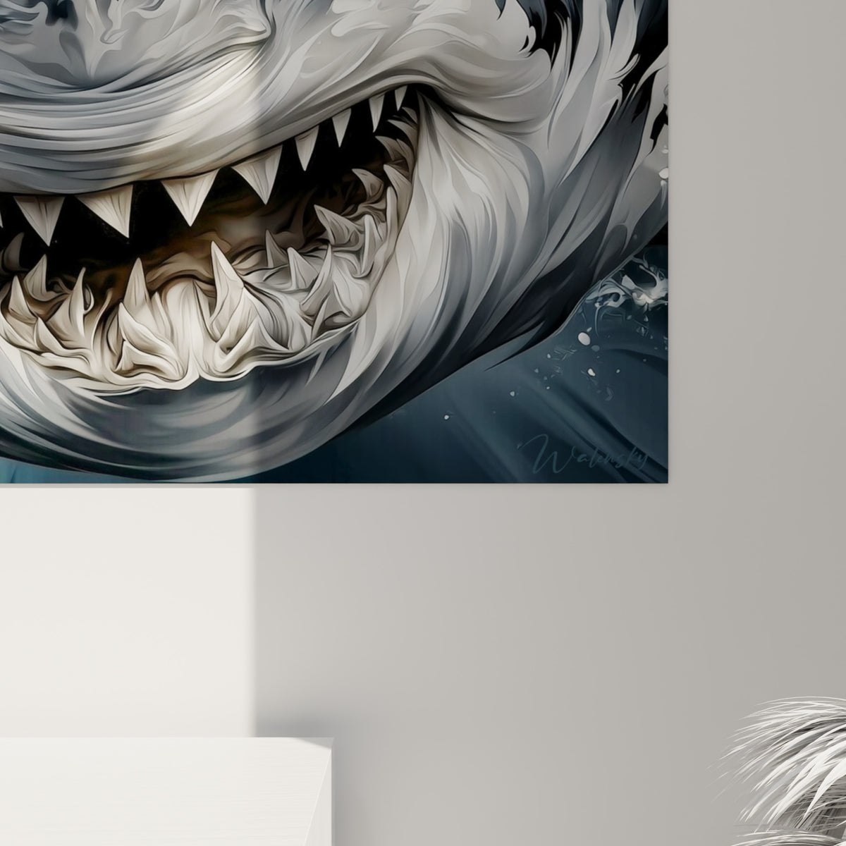 Empâtements dorés et coulures anthracite visibles de près sur la peau texturée du requin peint