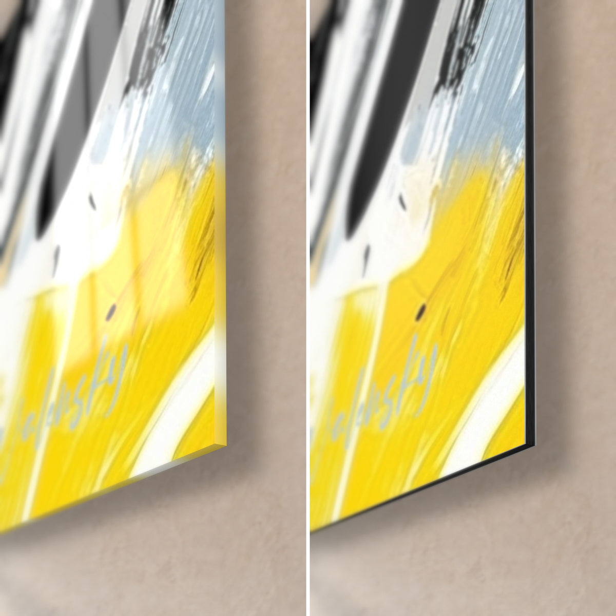 Schilderij haai met felgele en witte penseelstreken, rechtsonder: glanzend glas links, mat zwart Dibond rechts